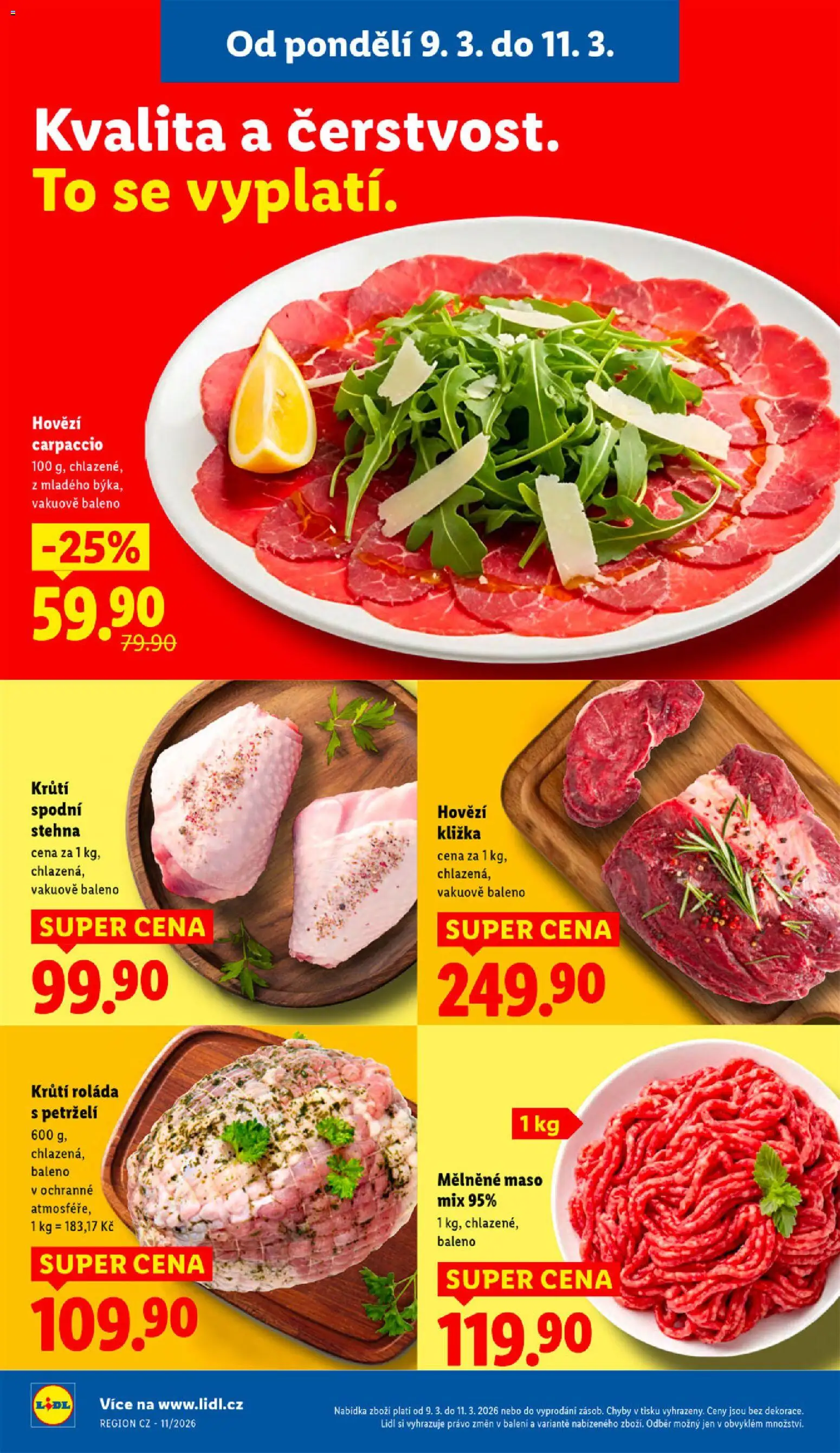 Lidl leták od 09.03.2026 | Strana: 12 | Produkty: Hovězí kližka, Maso, Krůtí roláda, Carpaccio