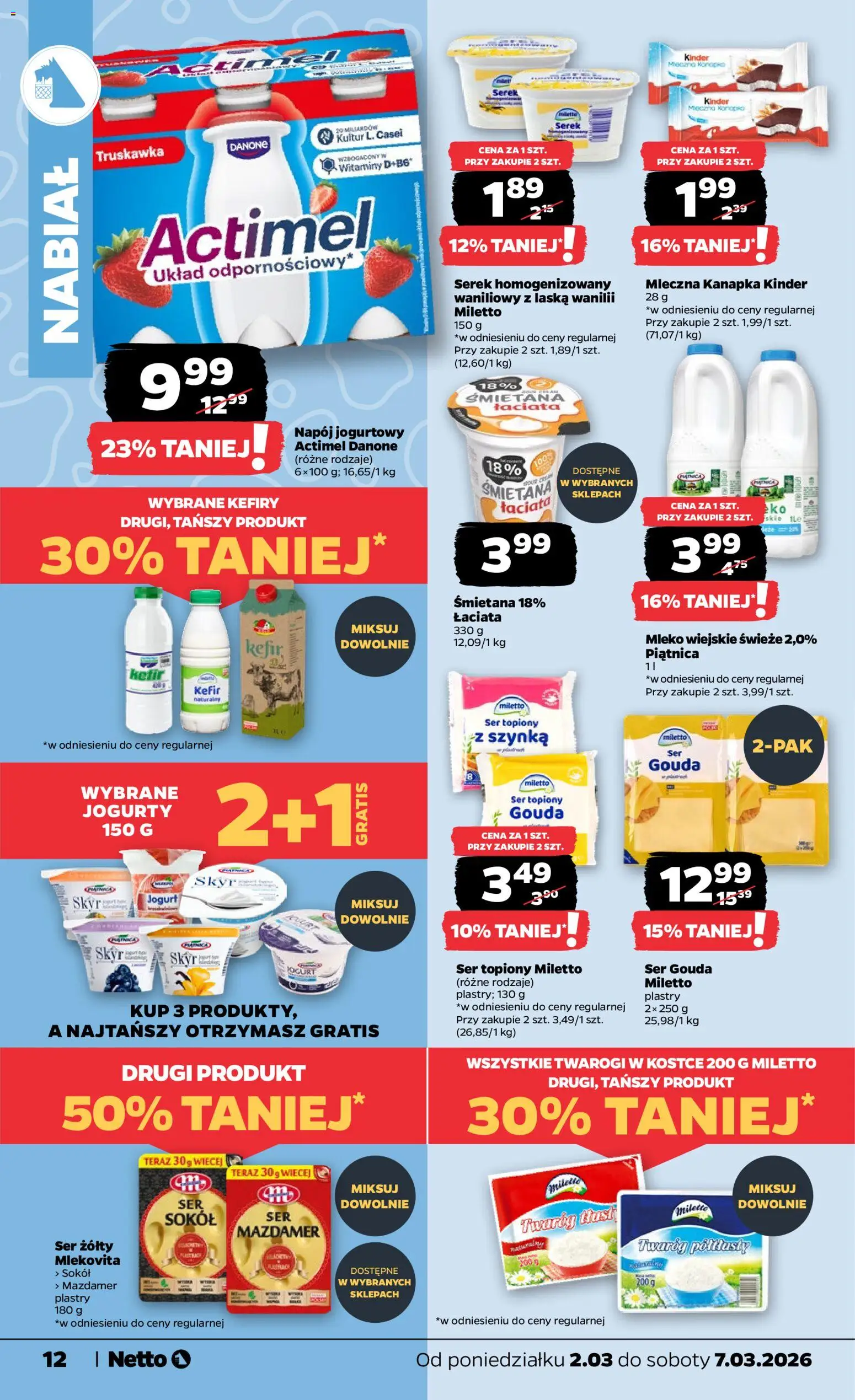 Netto gazetka od poniedziałku spożywcza od 02.03.2026 | Strona: 12 | Produkty: Ser żółty, Serek homogenizowany waniliowy, Kefir, Serek