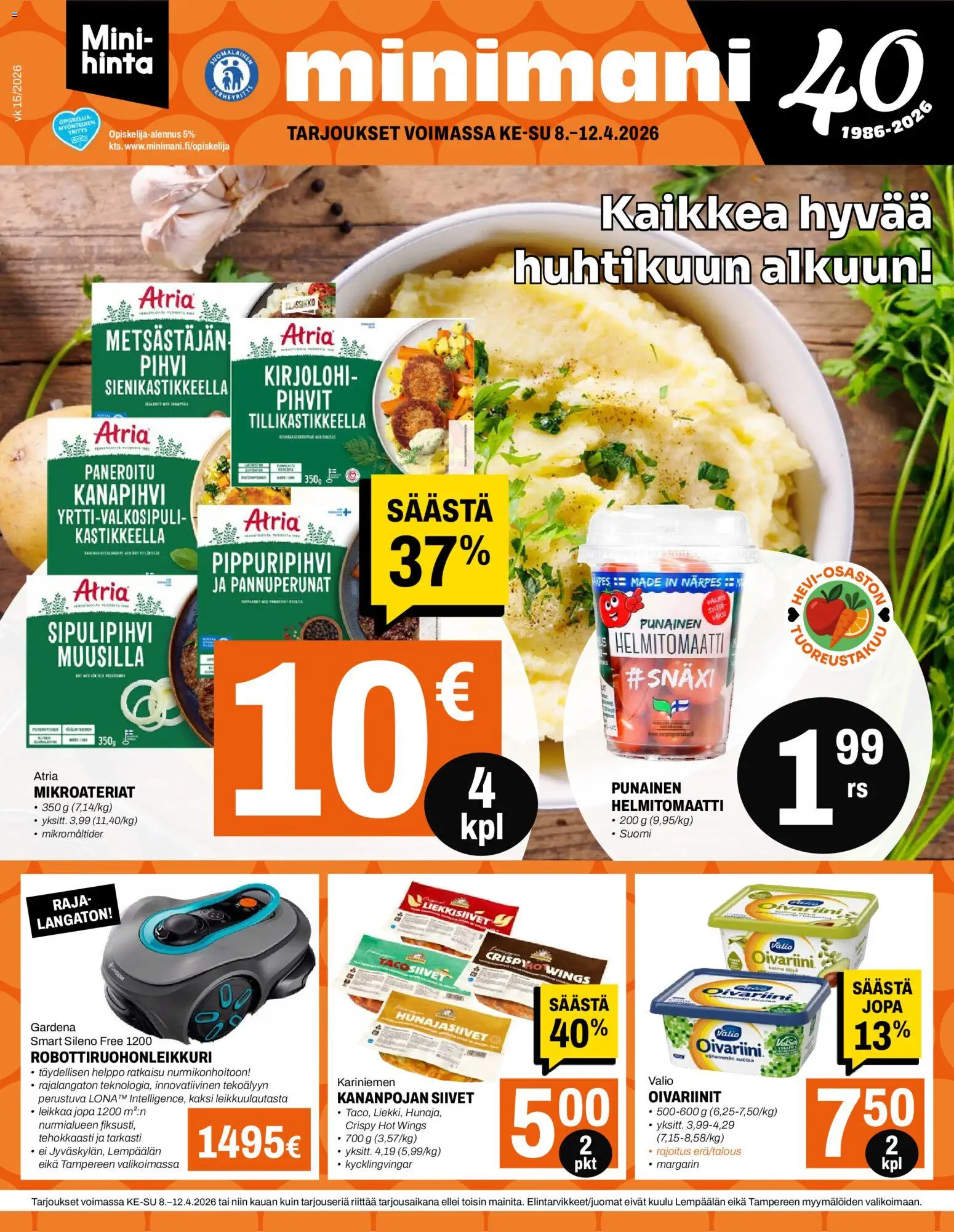 Minimani tarjoukset – voimassa 08.04.2026 alkaen | Sivu: 1 | Tuotteet: Kirjolohi, Robottiruohonleikkuri, Pihvi, Helmitomaatti