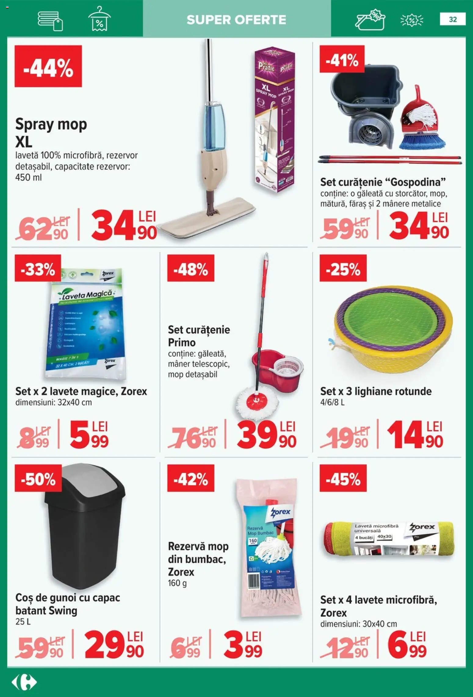 Noul catalog Carrefour – valabil de la 14.01.2026 | Pagină: 32 | Produse: Mop, Coș, Mâner, Lavete