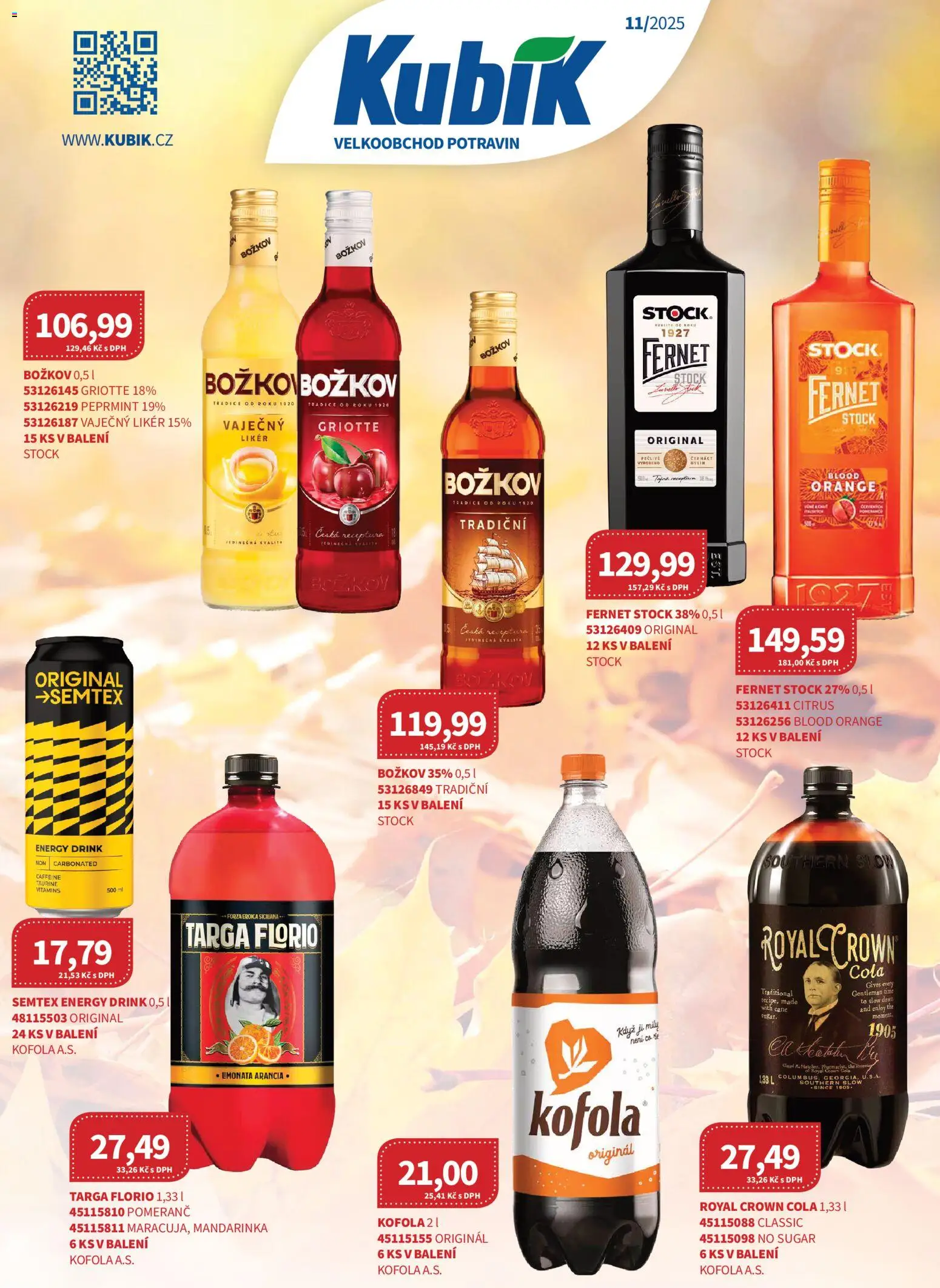 Kubík leták - Velkoobchod 11/2025 od 01.11.2025 | Strana: 1 | Produkty: Royal Crown Cola, Božkov, Vaječný Likér, Energy drink