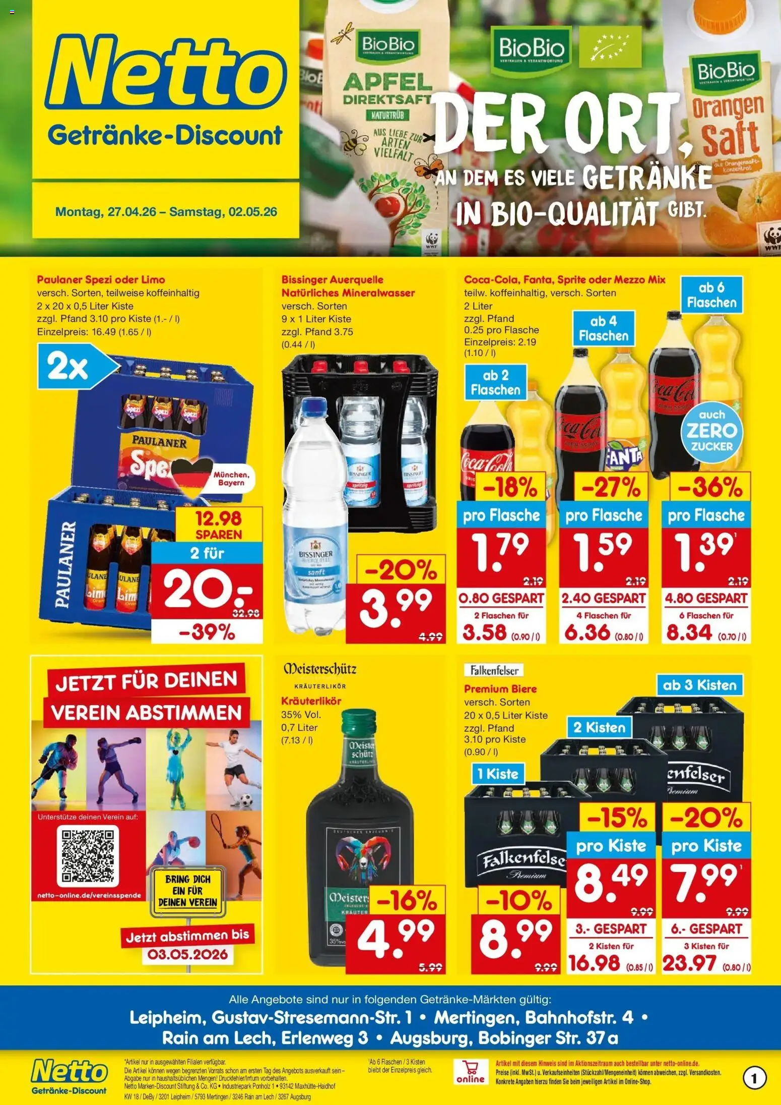 Netto Marken-Discount Prospekt Augsburg-Inningen	 – gültig ab 27.04.2026 | Seite: 1 | Produkte: Sprite, Orangensaft, Oder mezzo mix, Paulaner