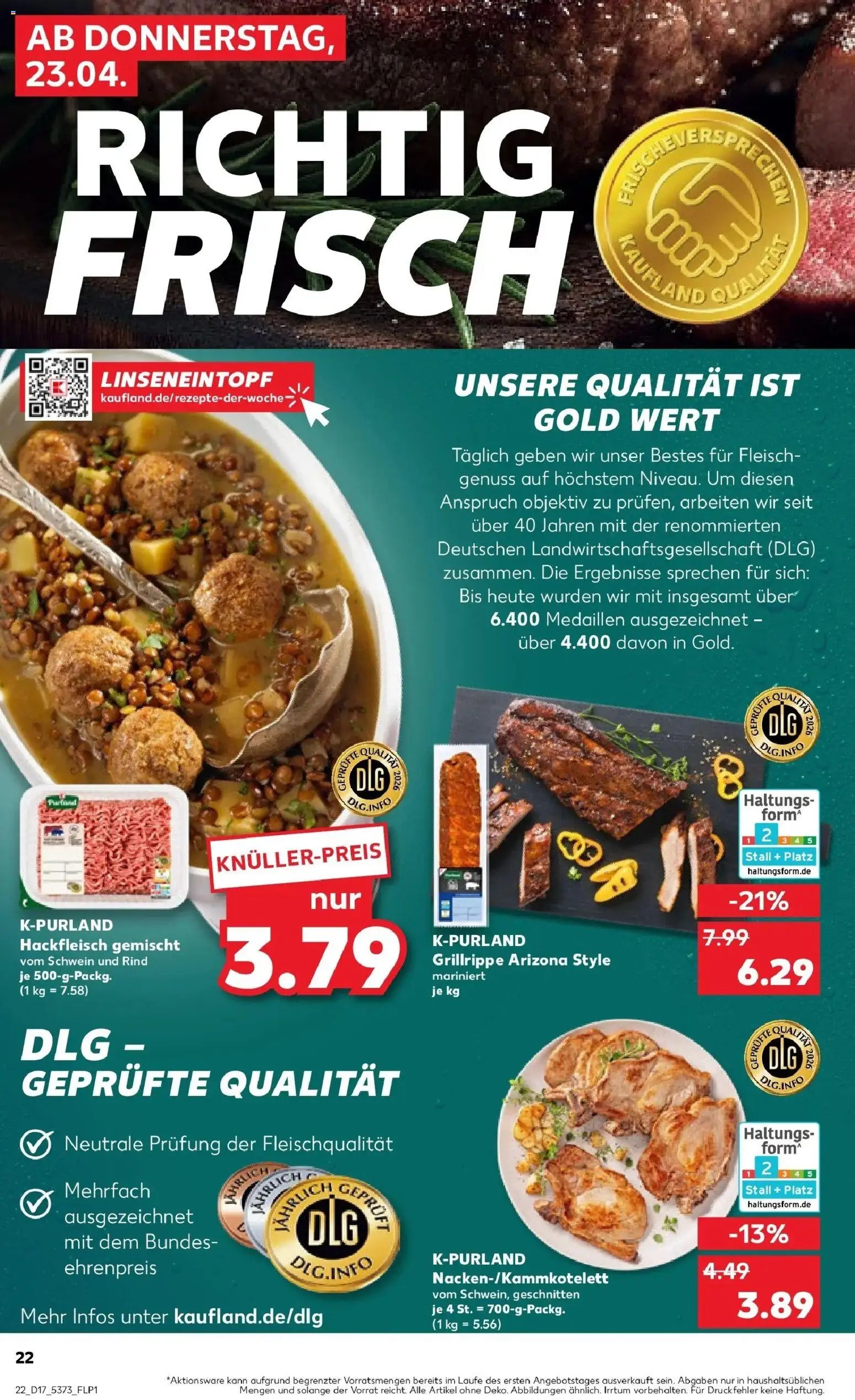Kaufland Prospekt Flensburg	 – gültig ab 23.04.2026 | Seite: 22 | Produkte: Fleisch, Objektiv, Hackfleisch