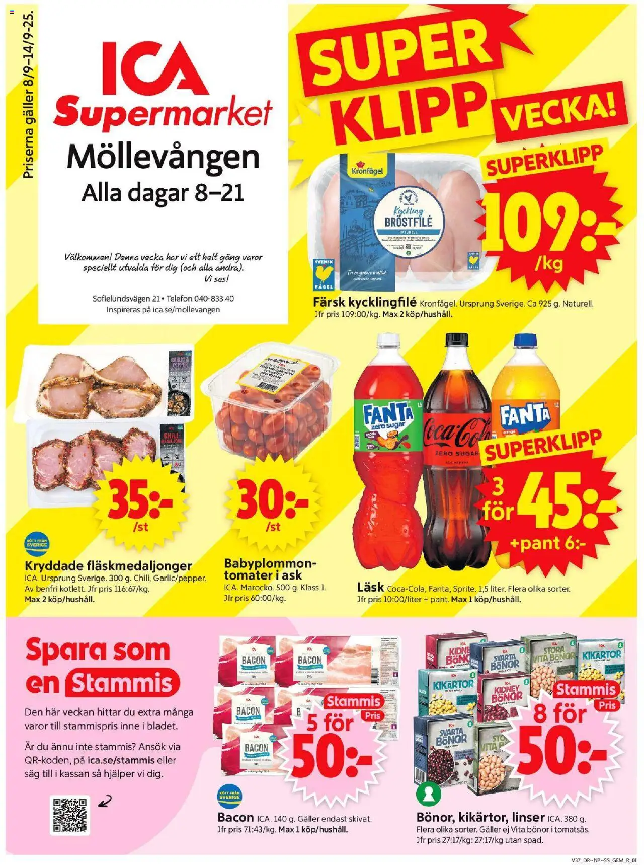 ICA Supermarket reklamblad aktuell från 08.09.2025 | Sida: 1 | Produkter: Såg, Kikärtor, Kycklingfile, Galler