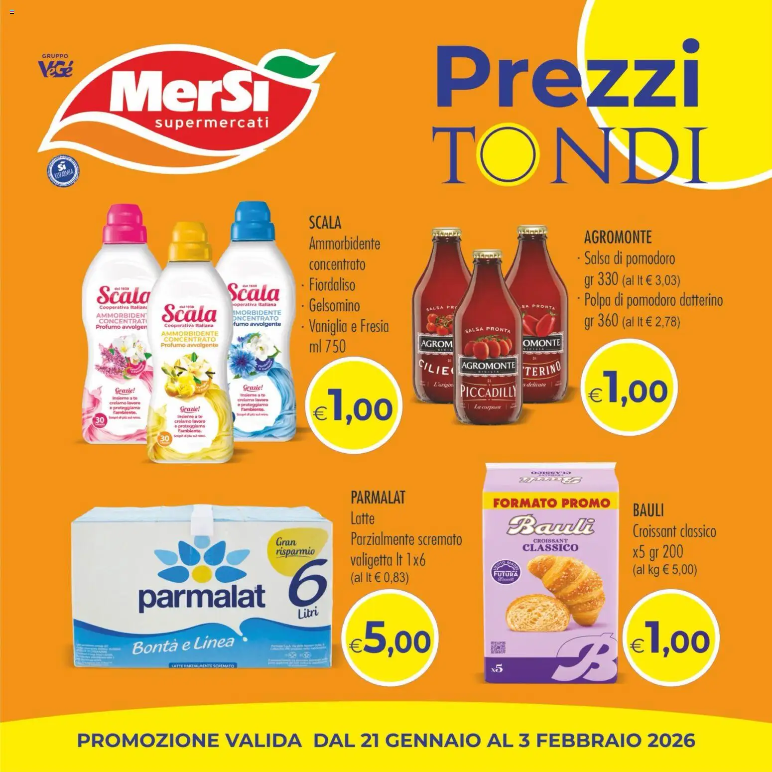 Volantino MerSi Supermercati del 21.01.2026 | Pagina: 1 | Prodotti: Ammorbidente, Tè, Valigetta, Profumo