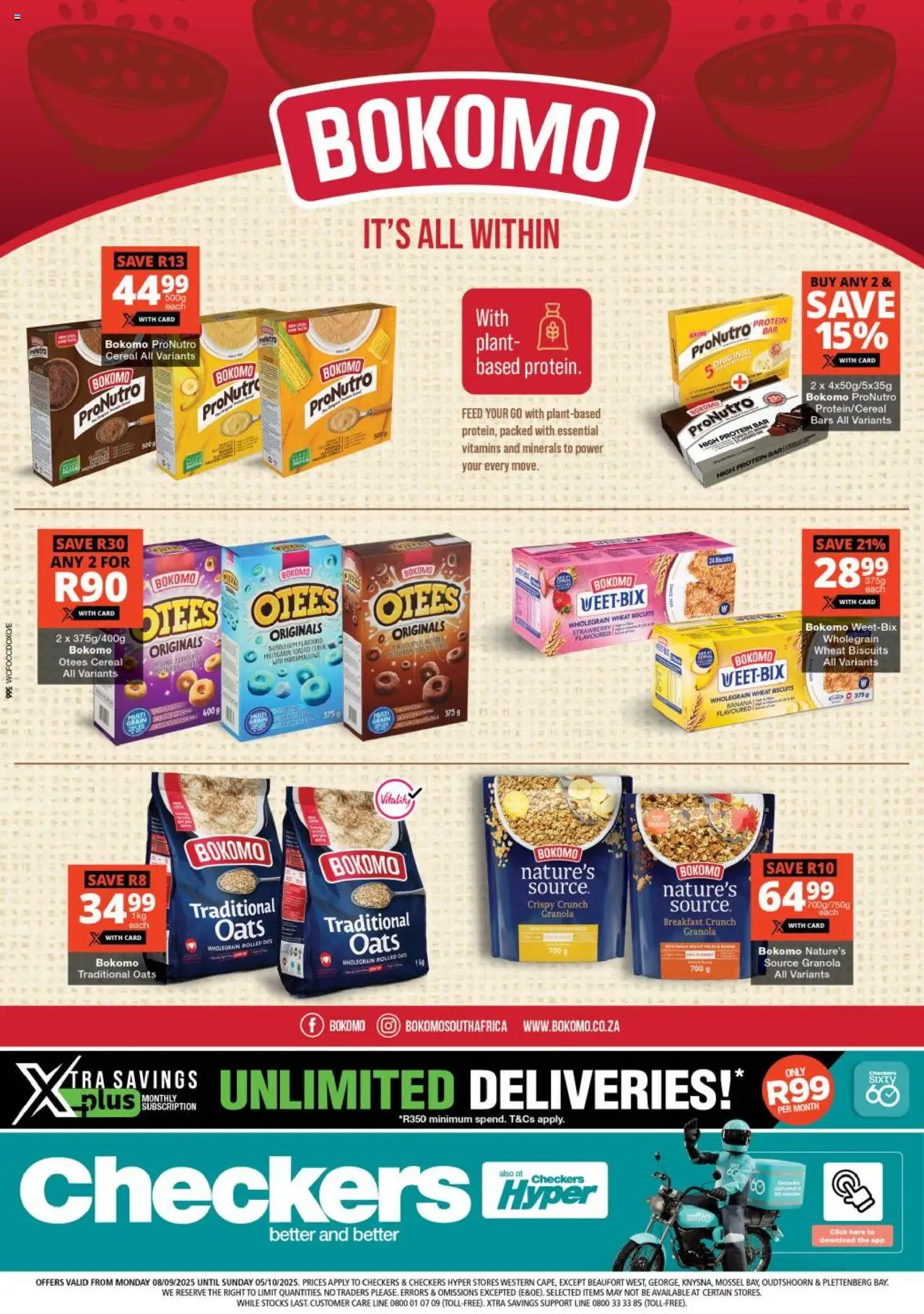 New Checkers catalogue – valid from 08.09.2025 | Page: 1 | Products: Detergente líquido, Vitamins, Oats, Protein bar