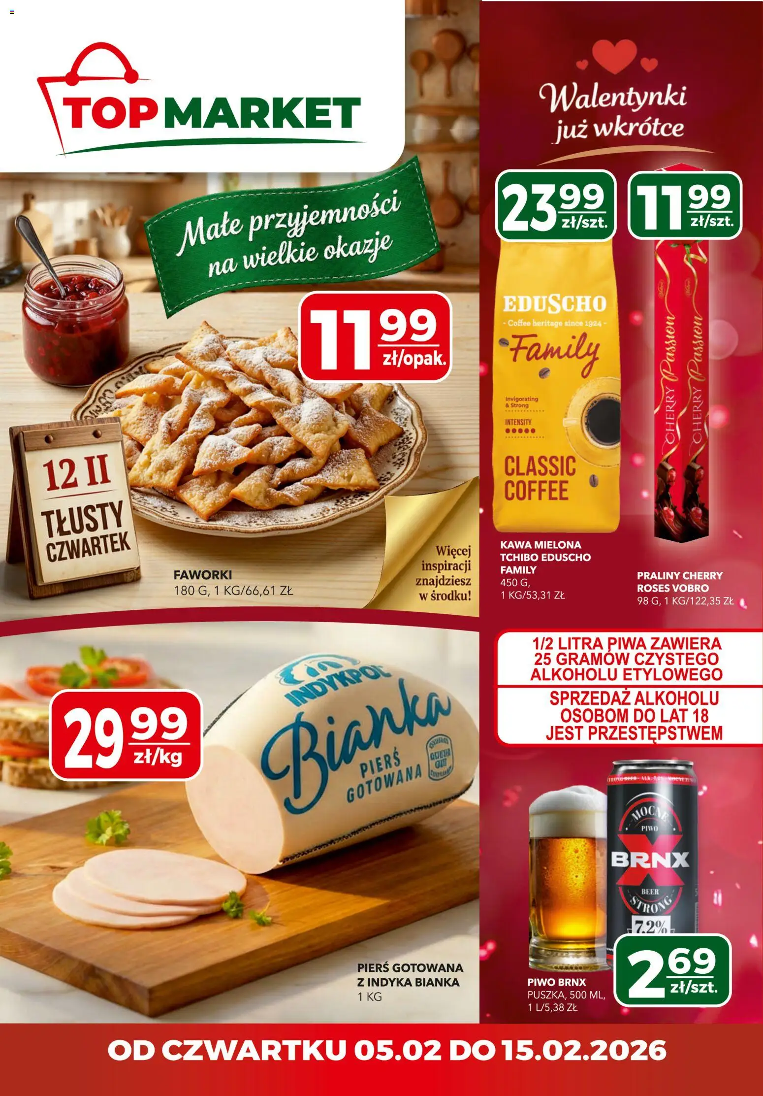 Top Market Gazetka od 05.02.2026 | Strona: 1 | Produkty: Praliny, Tchibo, Kawa, Piwo