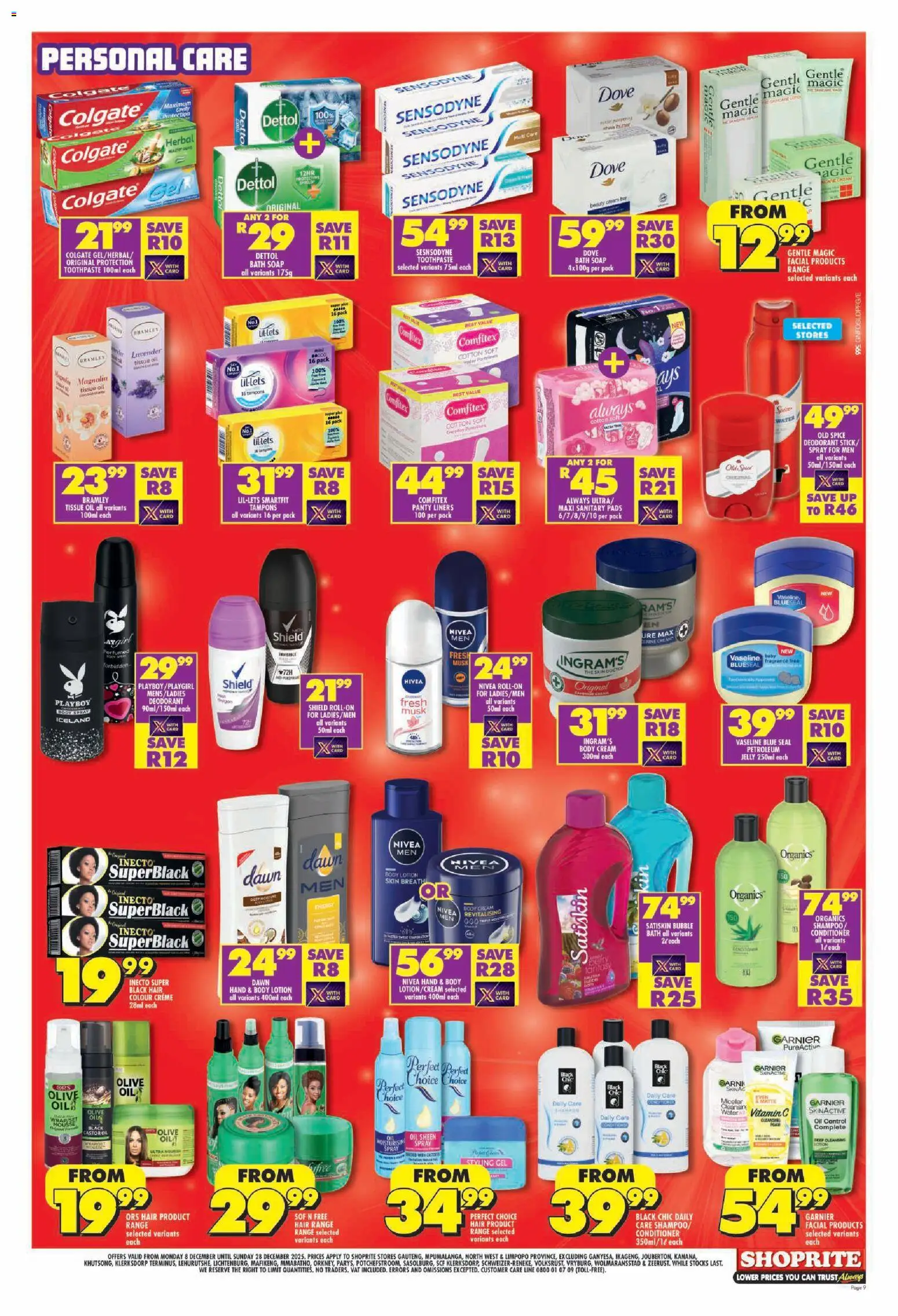 New Shoprite catalogue – valid from 08.12.2025 | Page: 9 | Products: Pads, Fragrance, Soap, Panty liners