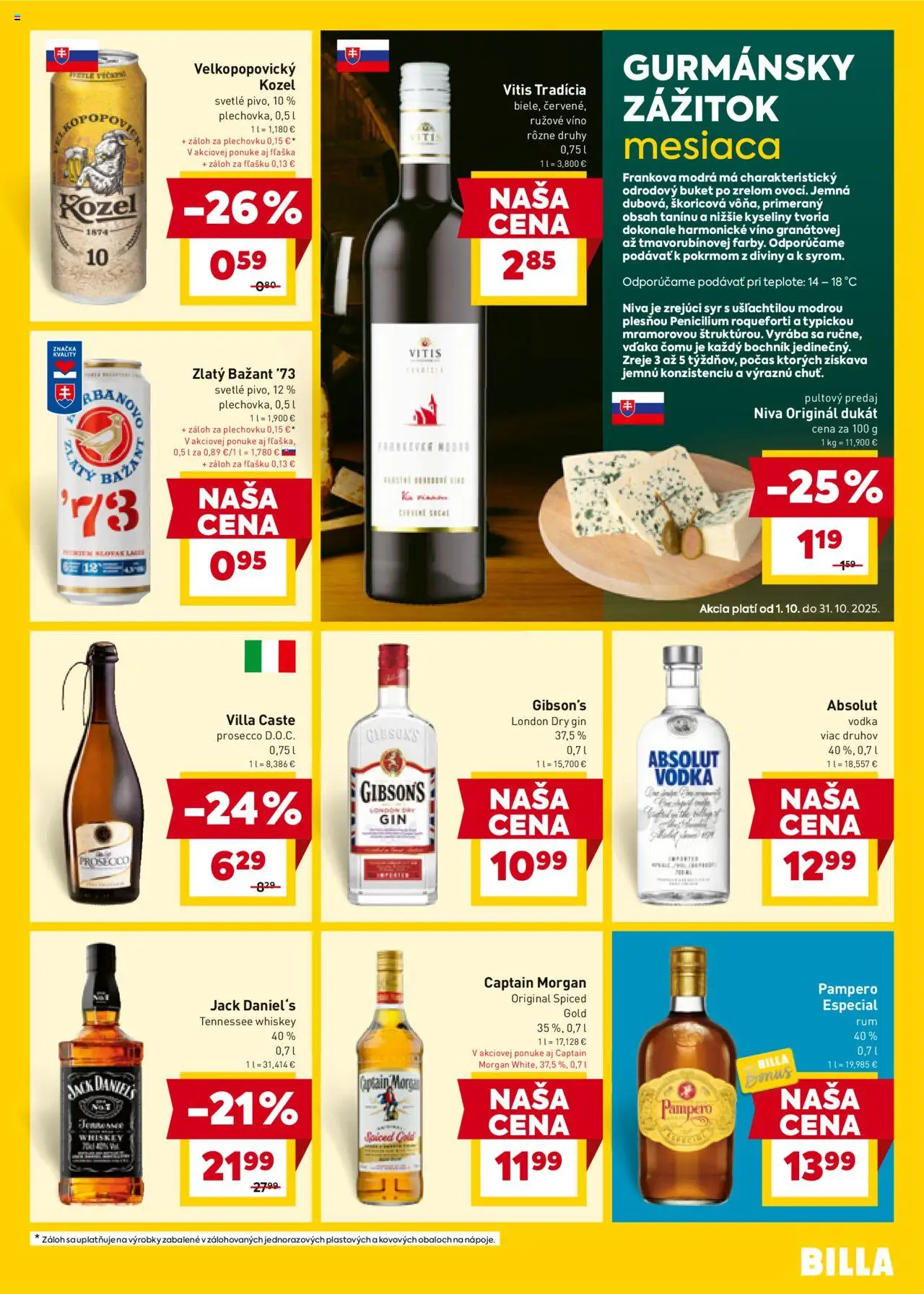 Nové Billa akcie – leták je platný od 01.10.2025 | Strana: 17 | Produkty: Zlatý Bažant, Captain Morgan, Absolut vodka, Jack Daniel's