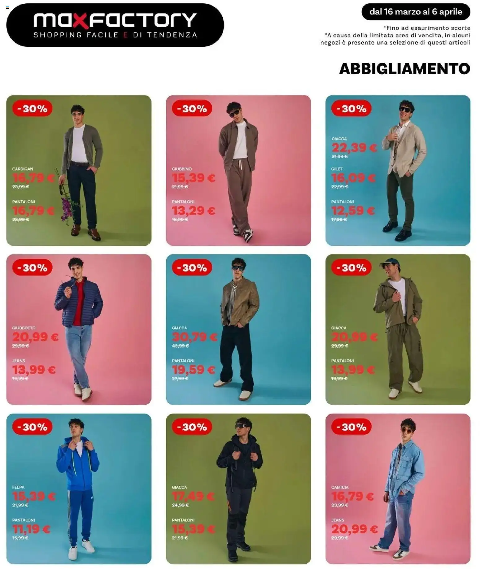 Volantino Max Factory del 16.03.2026 | Pagina: 9 | Prodotti: Pantaloni, Gilet, Cardigan, Jeans