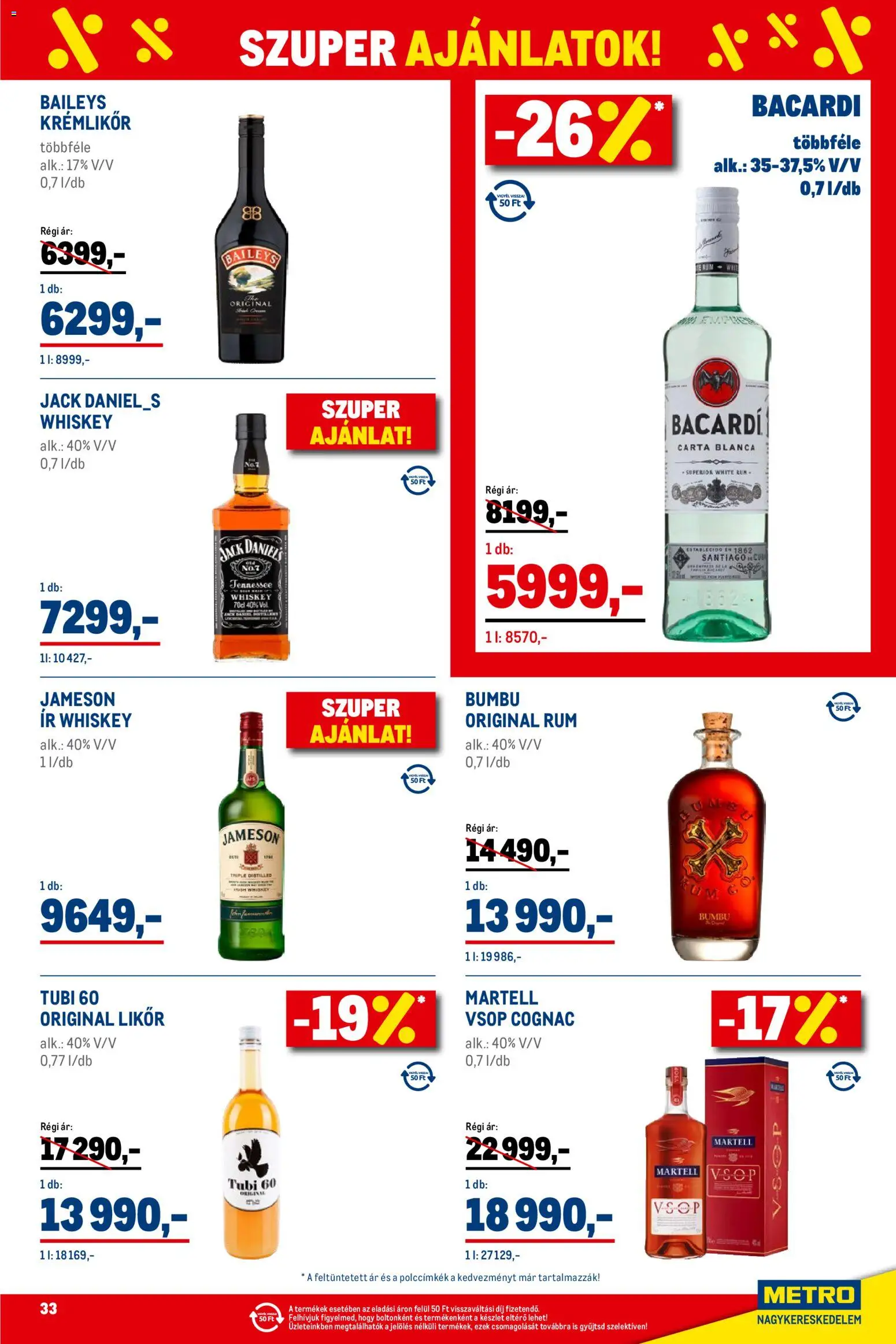 Metro akciós ujság - amely érvényes a következő dátumtól: 01.02.2026 | Oldal: 33 | Termékek: Jameson, Bacardi, Rum, Likőr