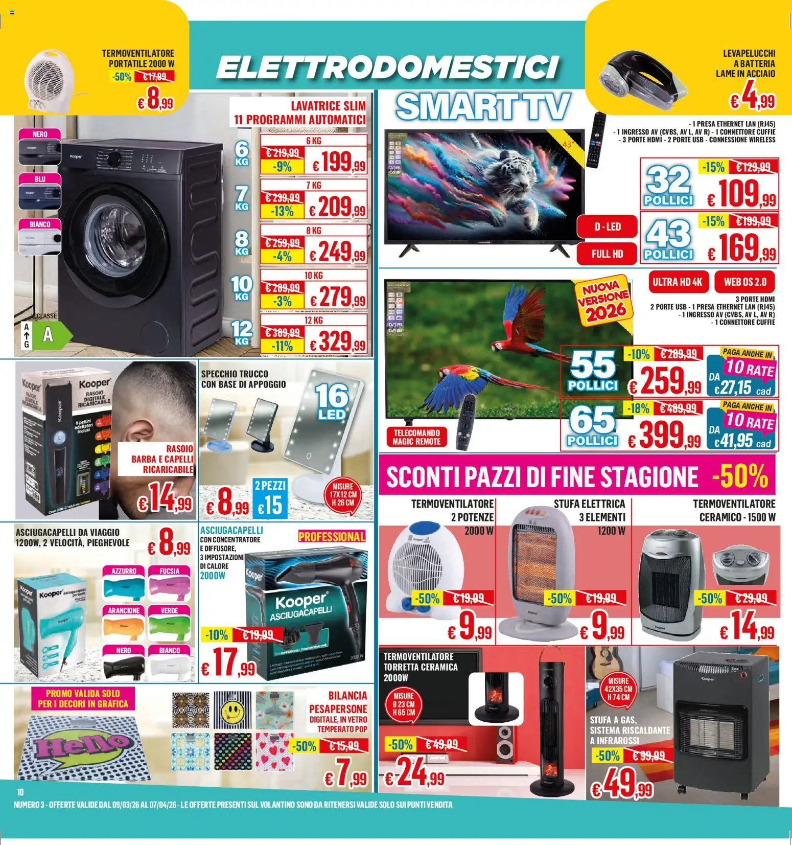 Volantino Satur del 09.03.2026 | Pagina: 10 | Prodotti: Lavatrice, Bilancia, Asciugacapelli, Specchio