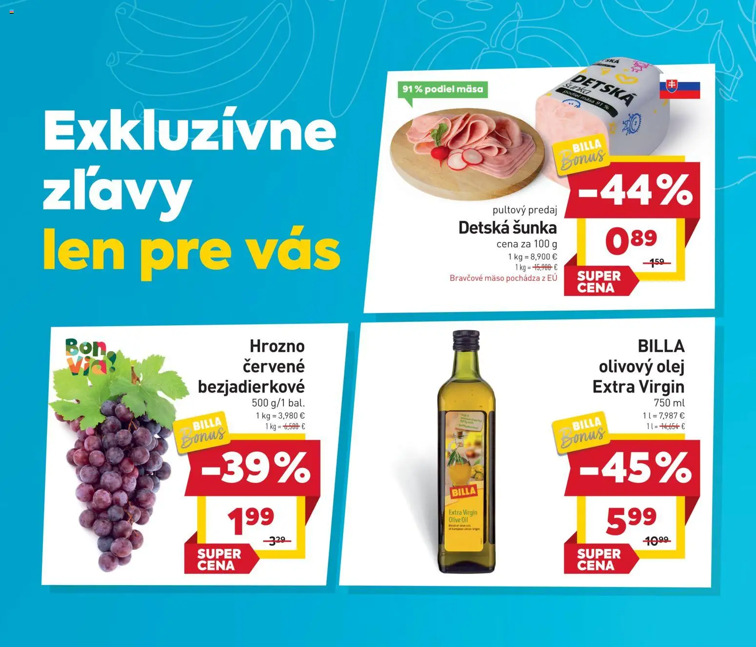 Nové Billa akcie – leták je platný od 21.01.2026 | Strana: 2 | Produkty: Olej, Šunka, Olivový olej, Hrozno