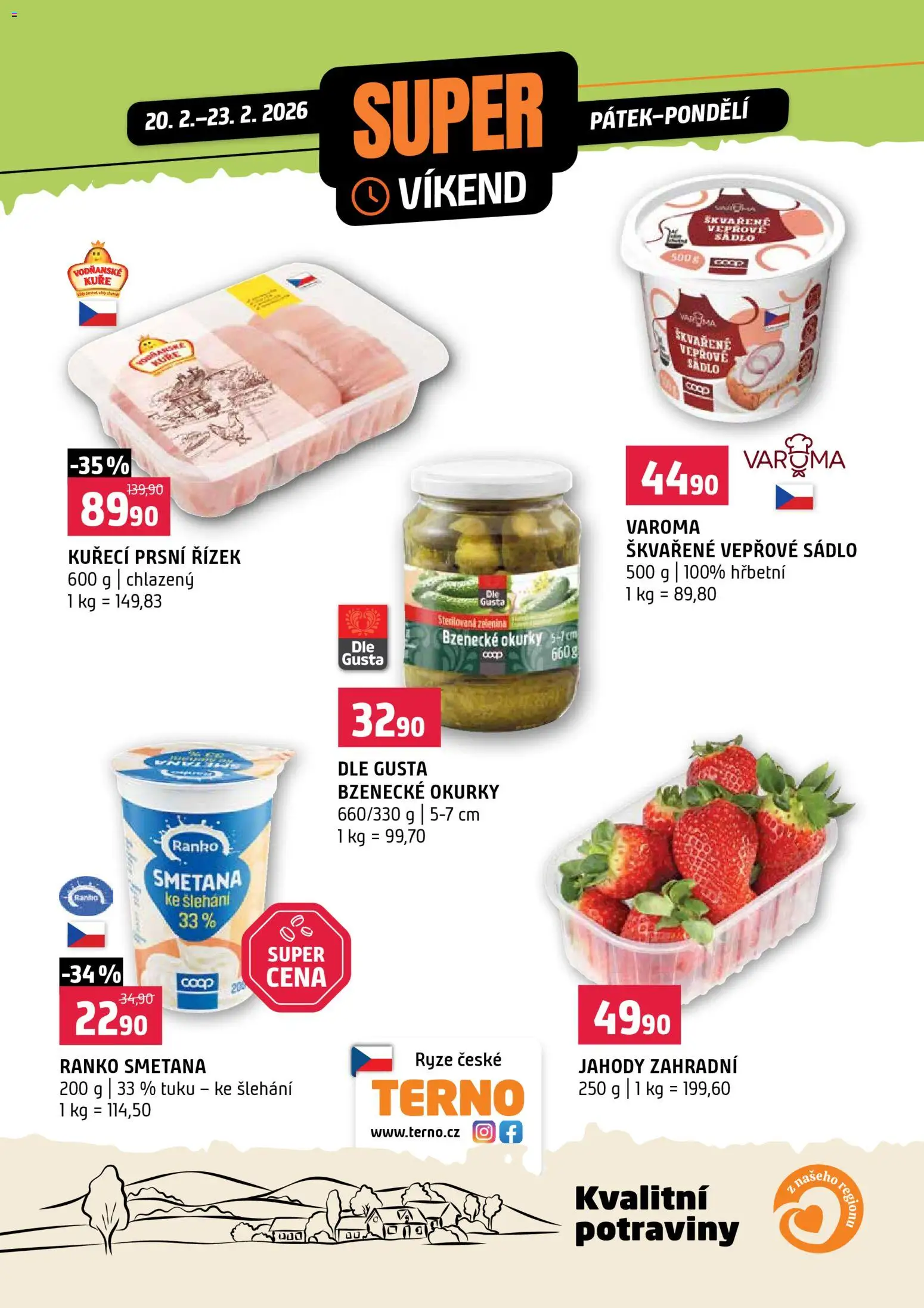 Terno leták - Super víkend od 20.02.2026 | Strana: 1 | Produkty: Sádlo, Rýže, Smetana, Zelenina
