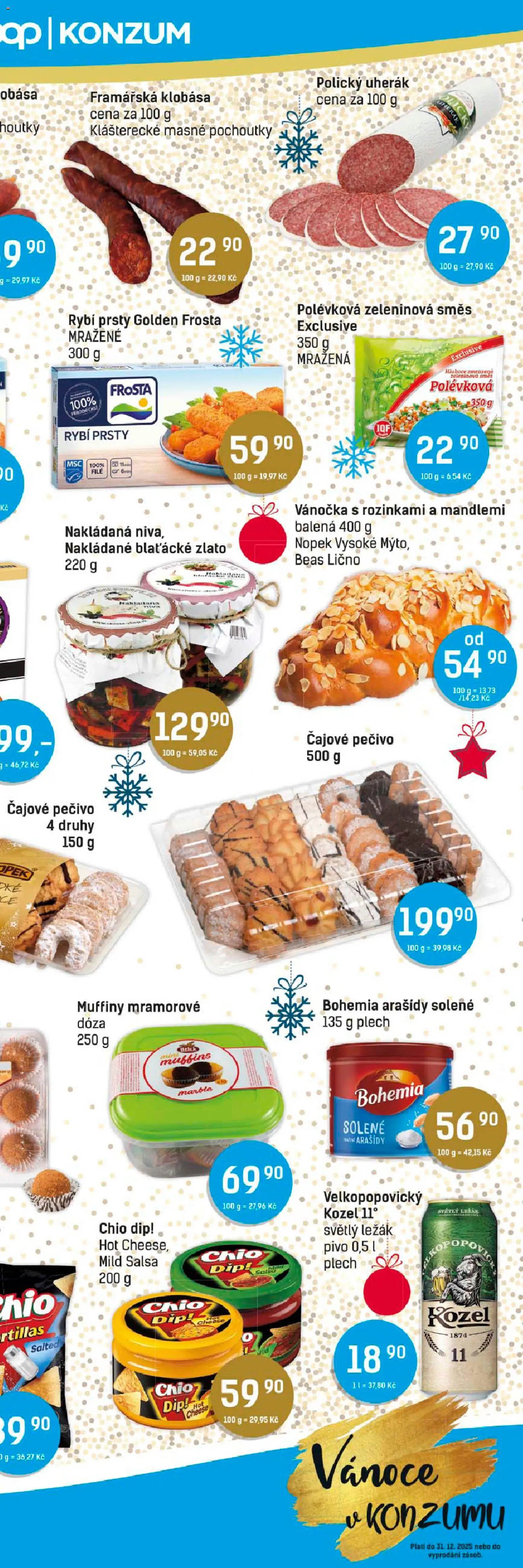 Konzum leták od 10.12.2025 | Strana: 4 | Produkty: Uherák, Klobása, Kozel, Rybí prsty