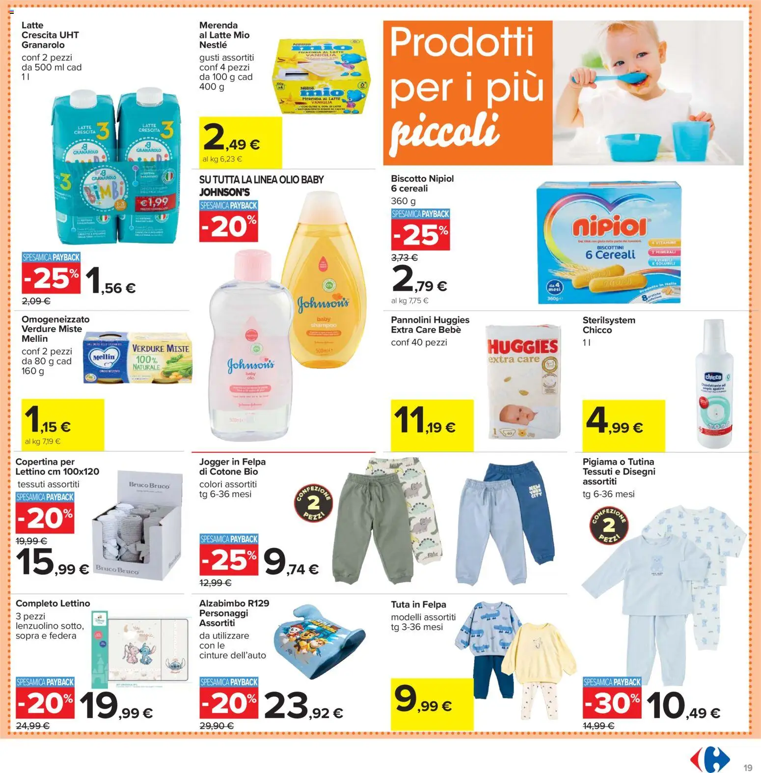 Volantino Carrefour del 02.03.2026 | Pagina: 19 | Prodotti: Pannolini, Olio, Lettino, Federa