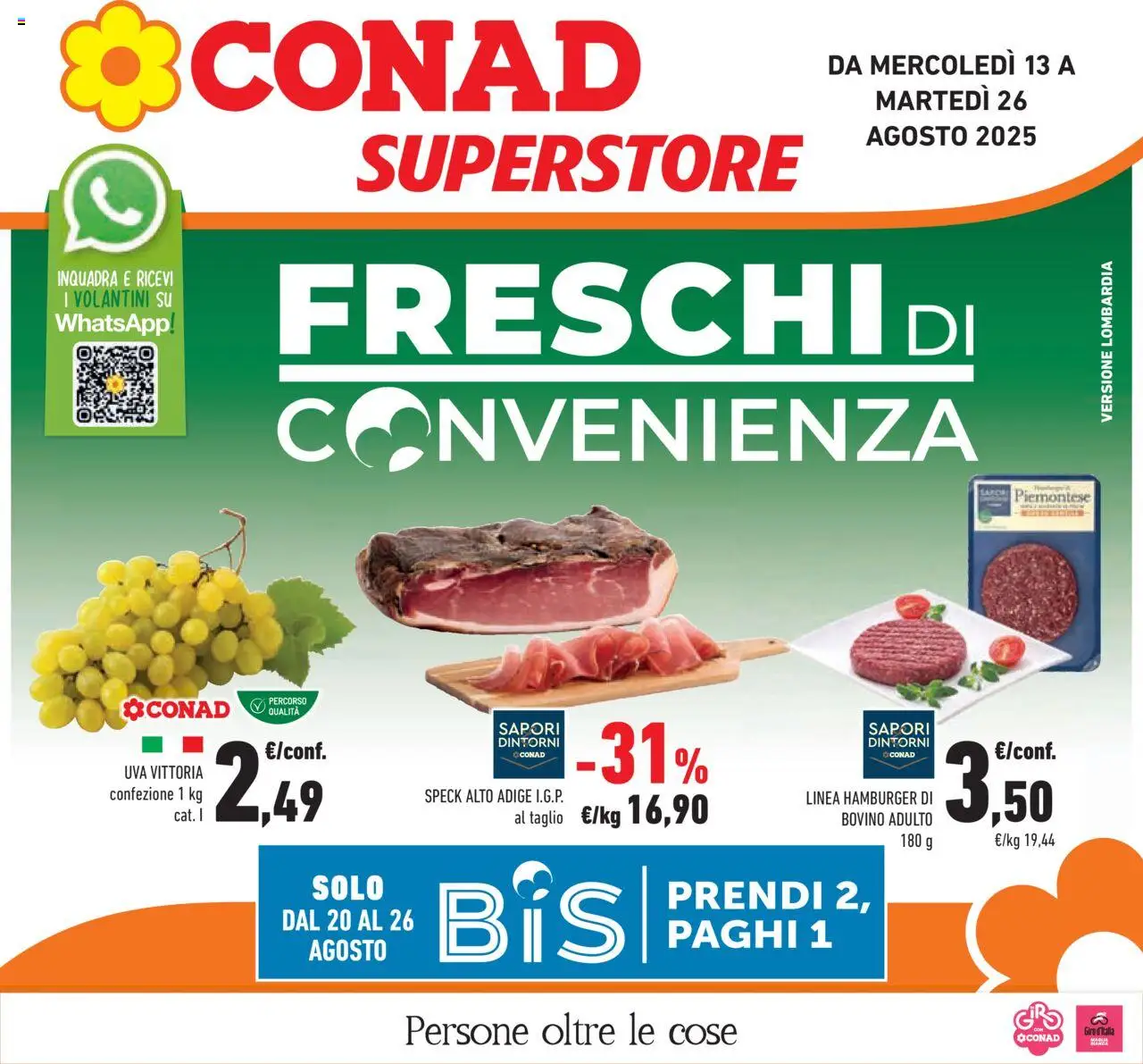Volantino Conad del 13.08.2025 | Pagina: 1 | Prodotti: Speck, Bovino, Uva, Hamburger