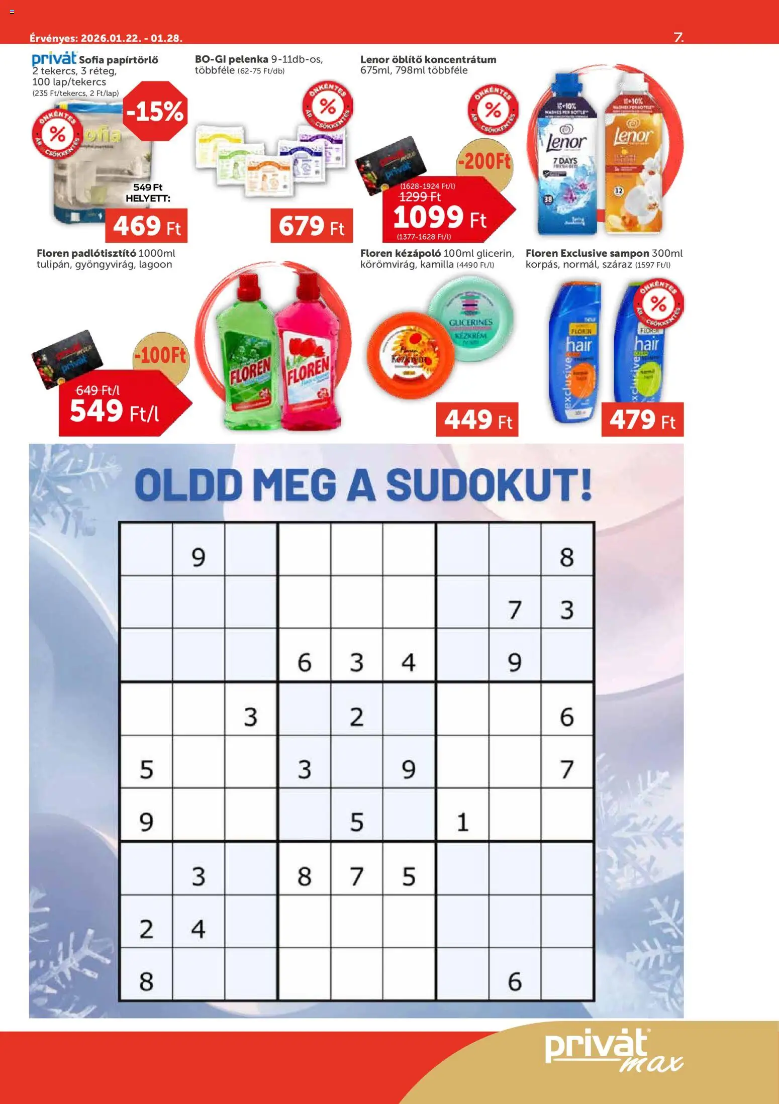 PRIVÁT akciós ujság - amely érvényes a következő dátumtól: 22.01.2026 | Oldal: 7 | Termékek: Papírtörlő, Öblítő, Sampon, Kézkrém