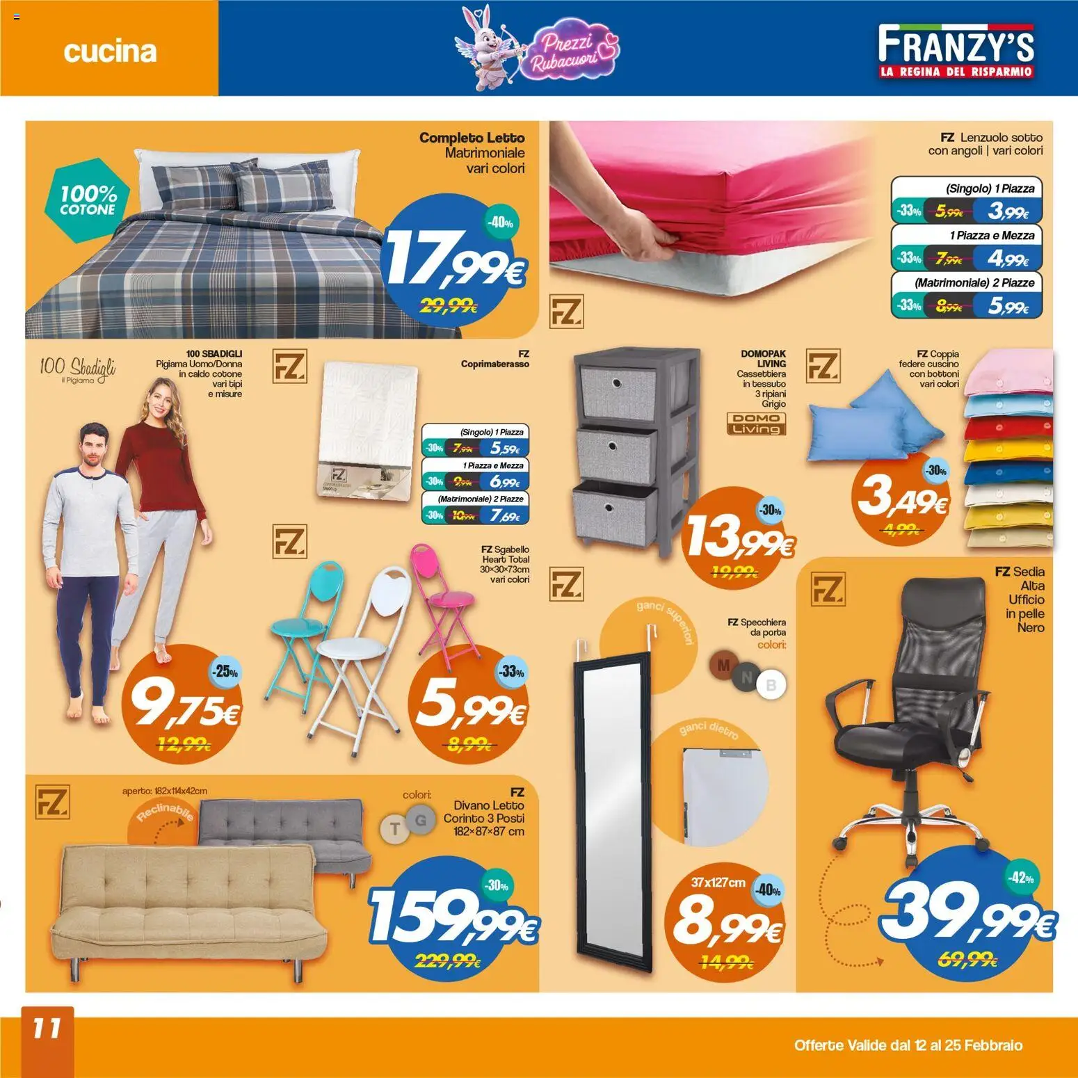 Volantino Franzy's del 12.02.2026 | Pagina: 11 | Prodotti: Divano letto, Letto, Sedia, Coprimaterasso