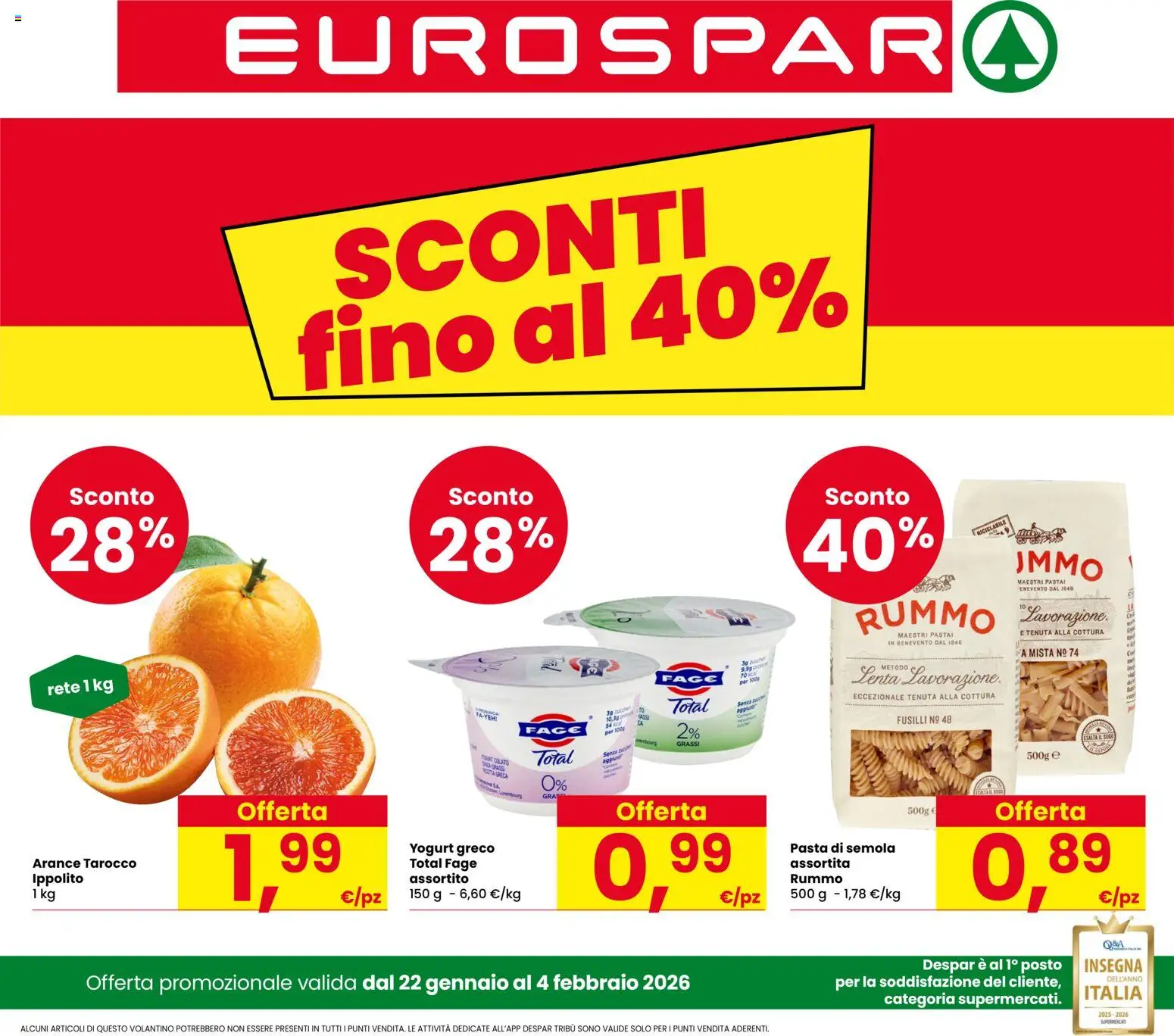 Volantino Eurospar del 22.01.2026 | Pagina: 1 | Prodotti: Yogurt greco, Yogurt, Arance, Pasta