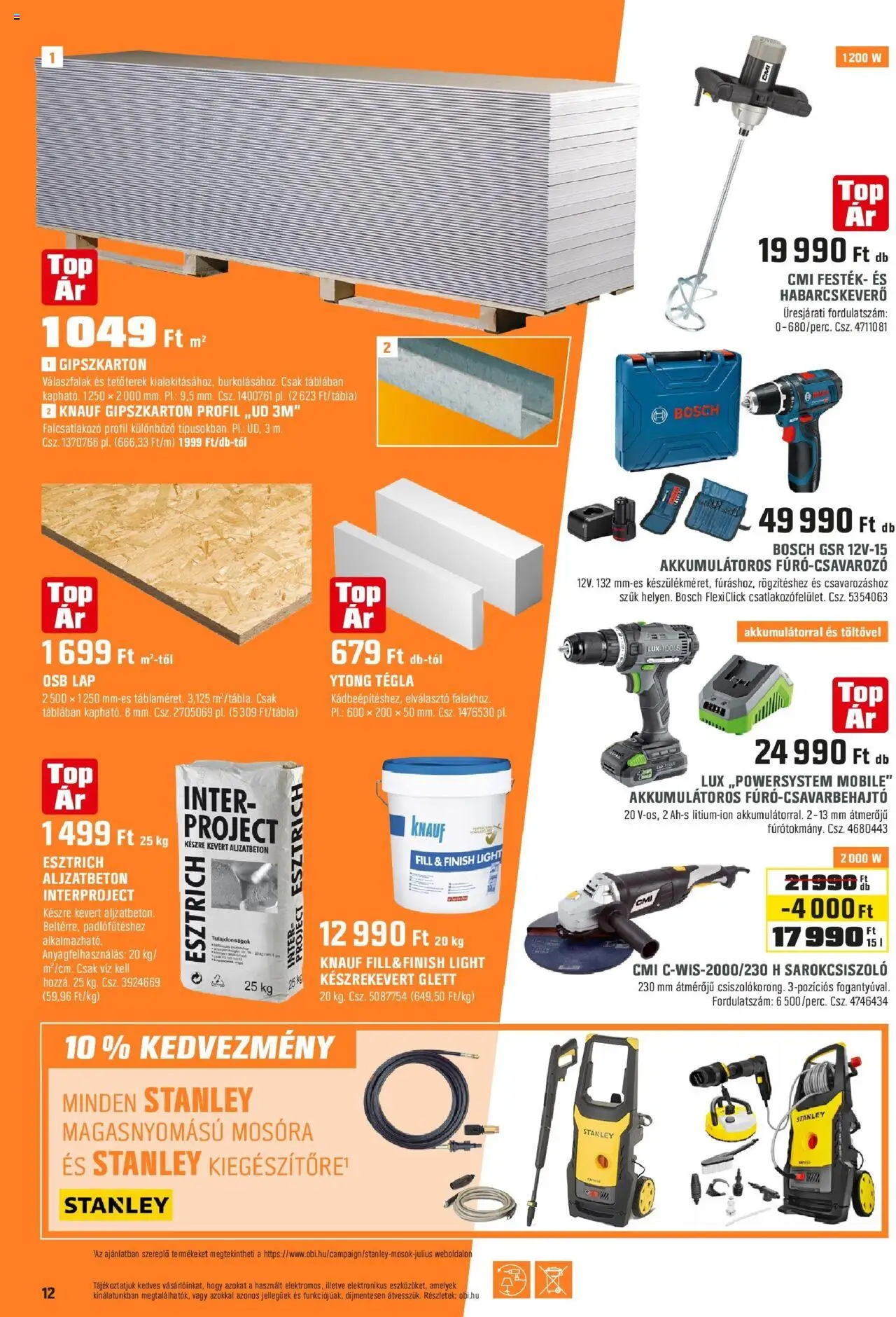OBI akciós ujság - amely érvényes a következő dátumtól: 30.06.2025 | Oldal: 12 | Termékek: Gipszkarton, Sarokcsiszoló, Osb lap, Ytong