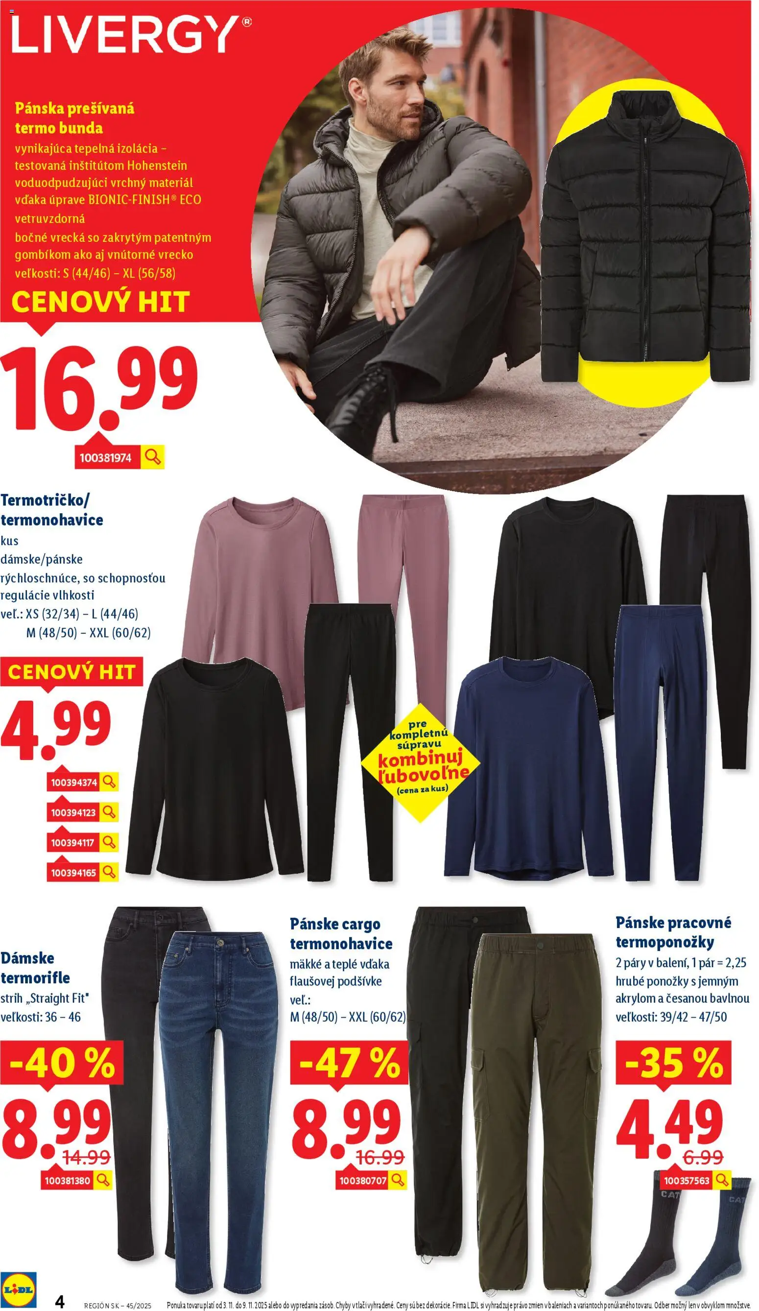 Nové Lidl akcie – leták je platný od 02.11.2025 | Strana: 4 | Produkty: Bunda, Ponožky