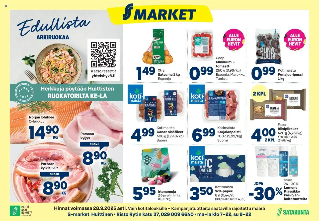 S-market Huittinen – voimassa 24.09.2025 alkaen | Sivu: 1 | Tuotteet: Wc-paperi, Satsuma, Paperi