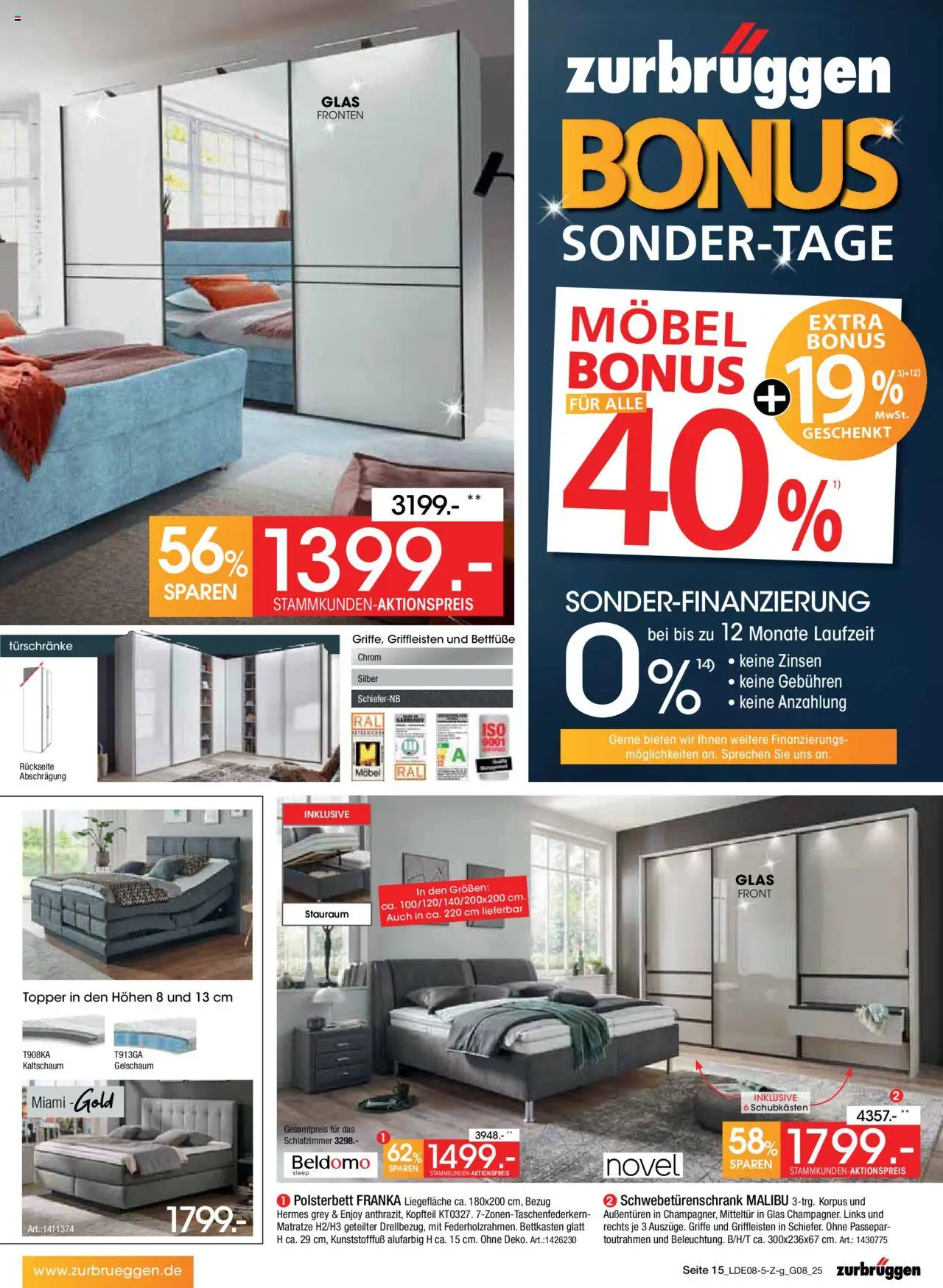 Zurbrüggen Prospekt Bonus Sonder-Tage - gültig ab dem 02.08.2025 | Seite: 15 | Produkte: Matratze, Schwebetürenschrank, Polsterbett, Topper