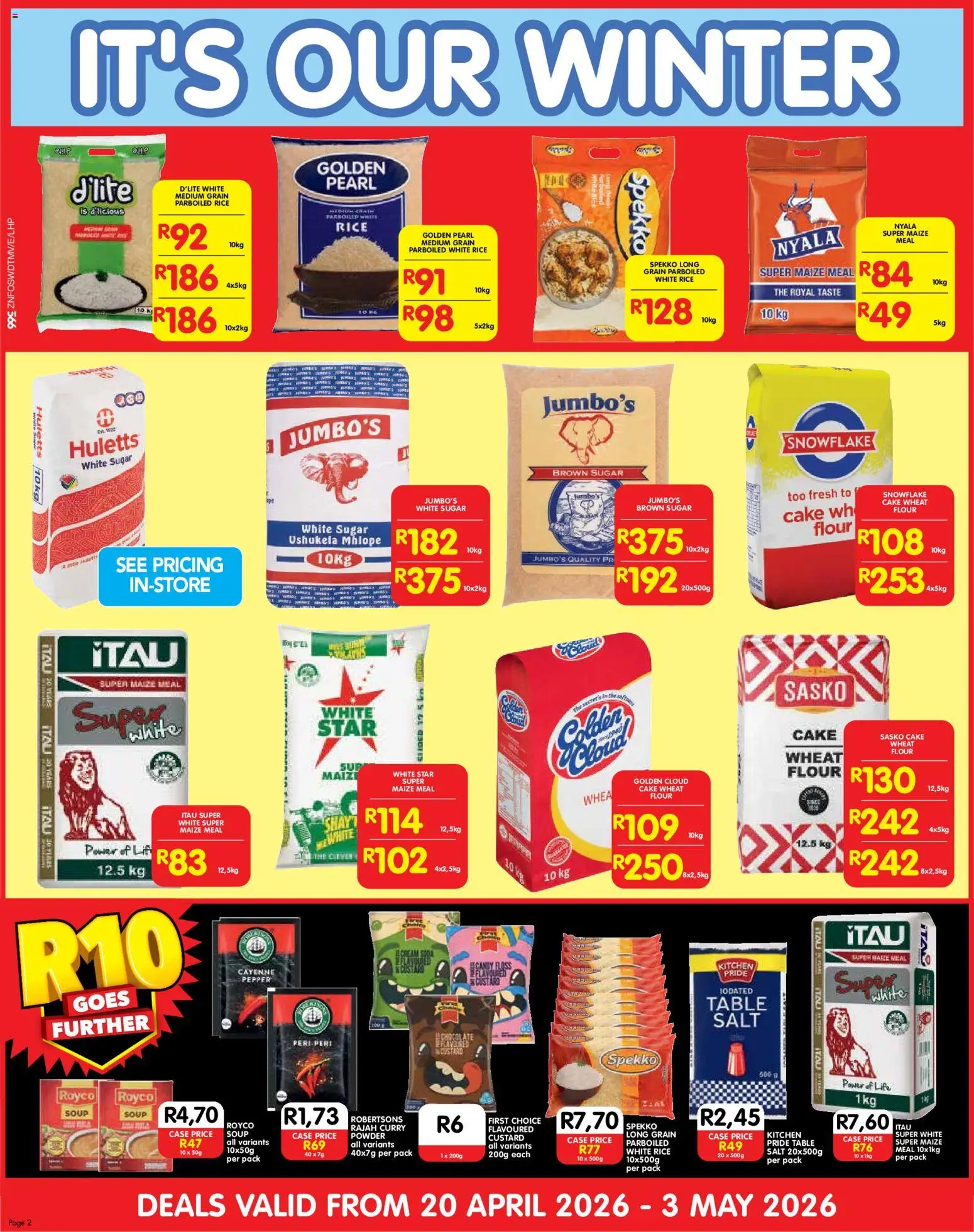 New Shoprite catalogue – valid from 20.04.2026 | Page: 2 | Products: Cake, Maize meal, Soup, Salt