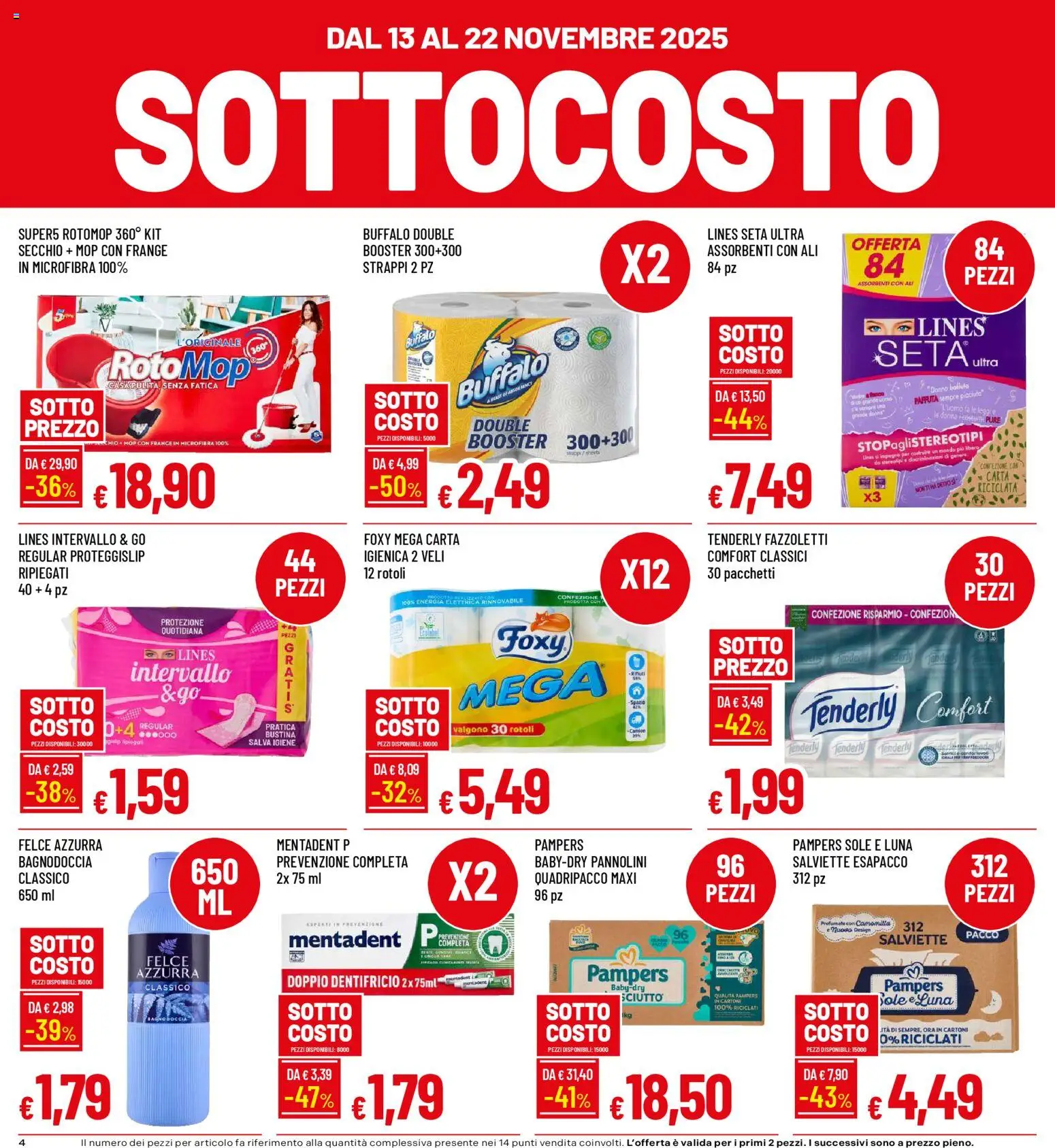 Volantino Famila del 13.11.2025 | Pagina: 4 | Prodotti: Dentifricio, Fazzoletti, Pampers, Secchio