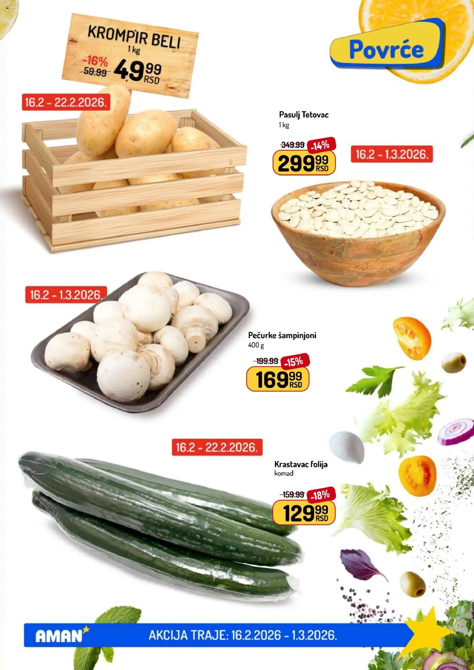 Aman katalog - važi od 16.02.2026 | Strana: 3 | Proizvode: Krastavac, Pasulj, Krompir, Šampinjoni