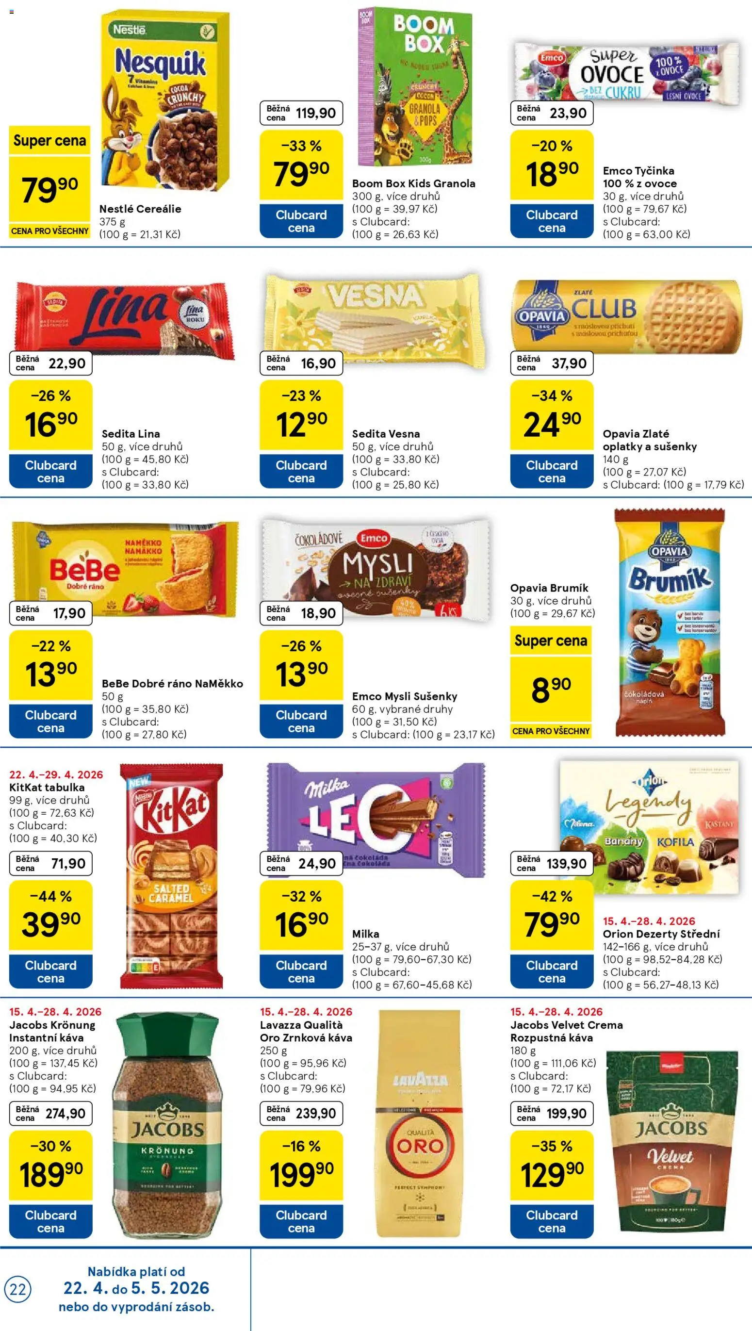 Tesco leták - Hypermarket od 22.04.2026 | Strana: 22 | Produkty: Granola, Milka, Jacobs Kronung, Oplatky