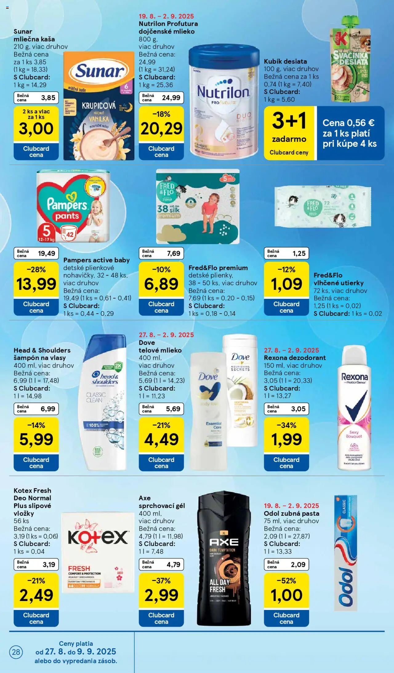Tesco Hypermarket - leták │ platný od 27.08.2025 | Strana: 28 | Produkty: Šampón, Sunar, Telové mlieko, Pampers