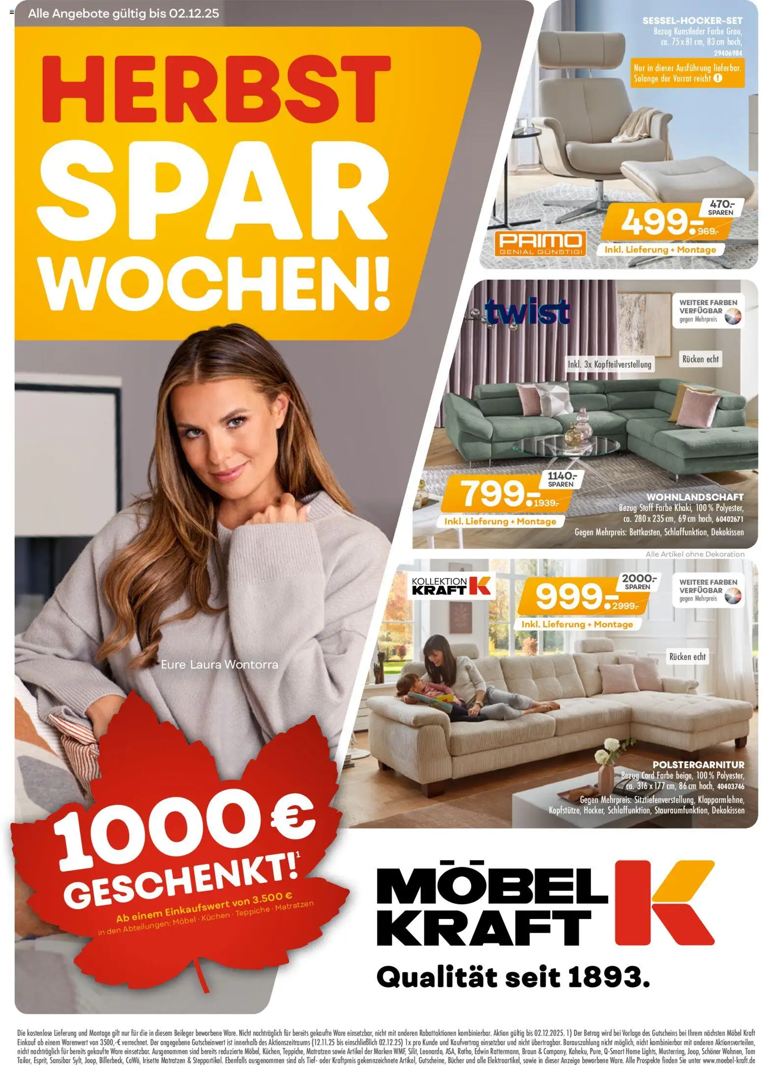 Möbel Kraft Herbst Spar Wochen – gültig ab 17.11.2025 | Seite: 1 | Produkte: Wohnlandschaft, Kuchen