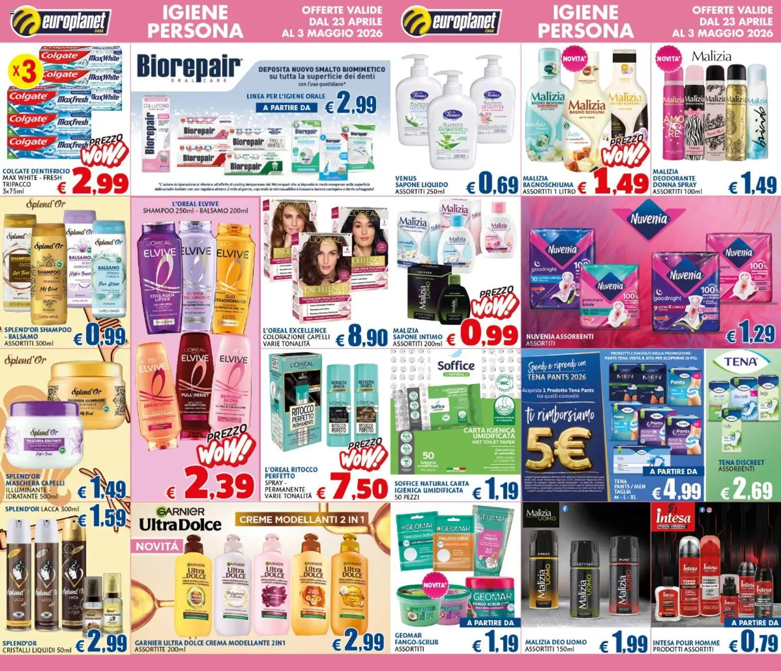 Volantino Europlanet Casa del 23.04.2026 | Pagina: 2 | Prodotti: Balsamo, Crema, Colorazione capelli, Intimo