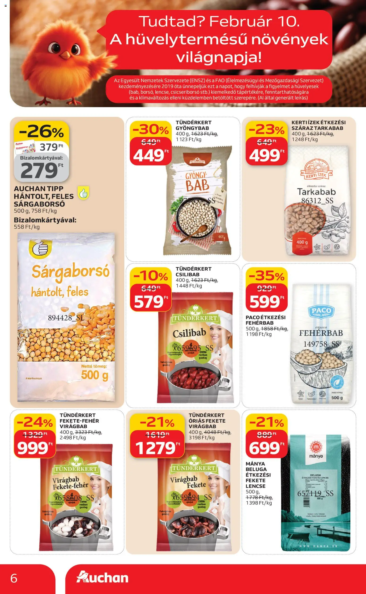 Auchan akciós ujság - amely érvényes a következő dátumtól: 05.02.2026 | Oldal: 6 | Termékek: Csicseriborsó, Lencse