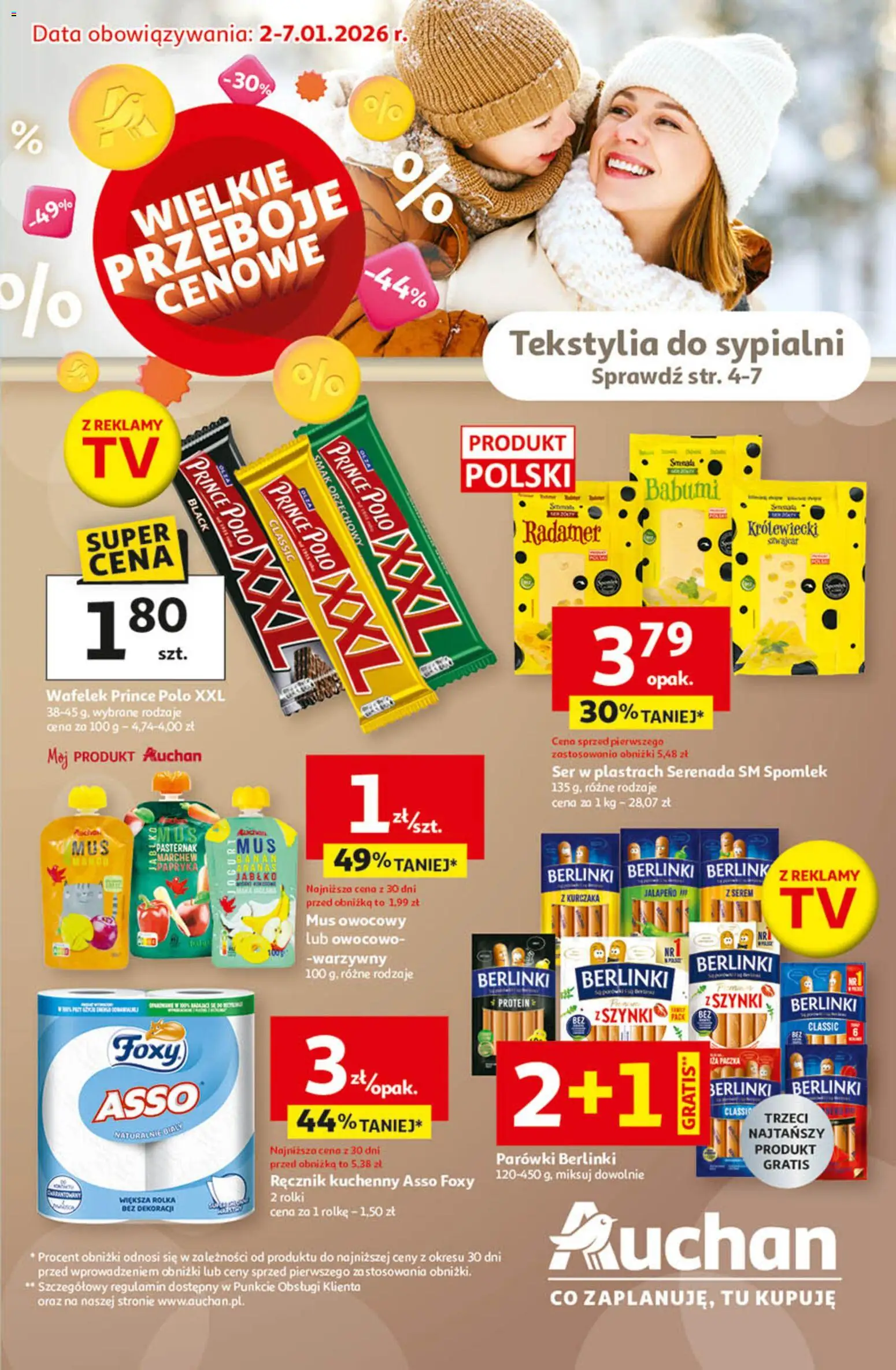 Auchan Gazetka - Wielkie Przeboje Cenowe Hipermarket od 02.01.2026 | Strona: 1 | Produkty: Prince polo xxl, Rolki, Parówki, Tekstylia