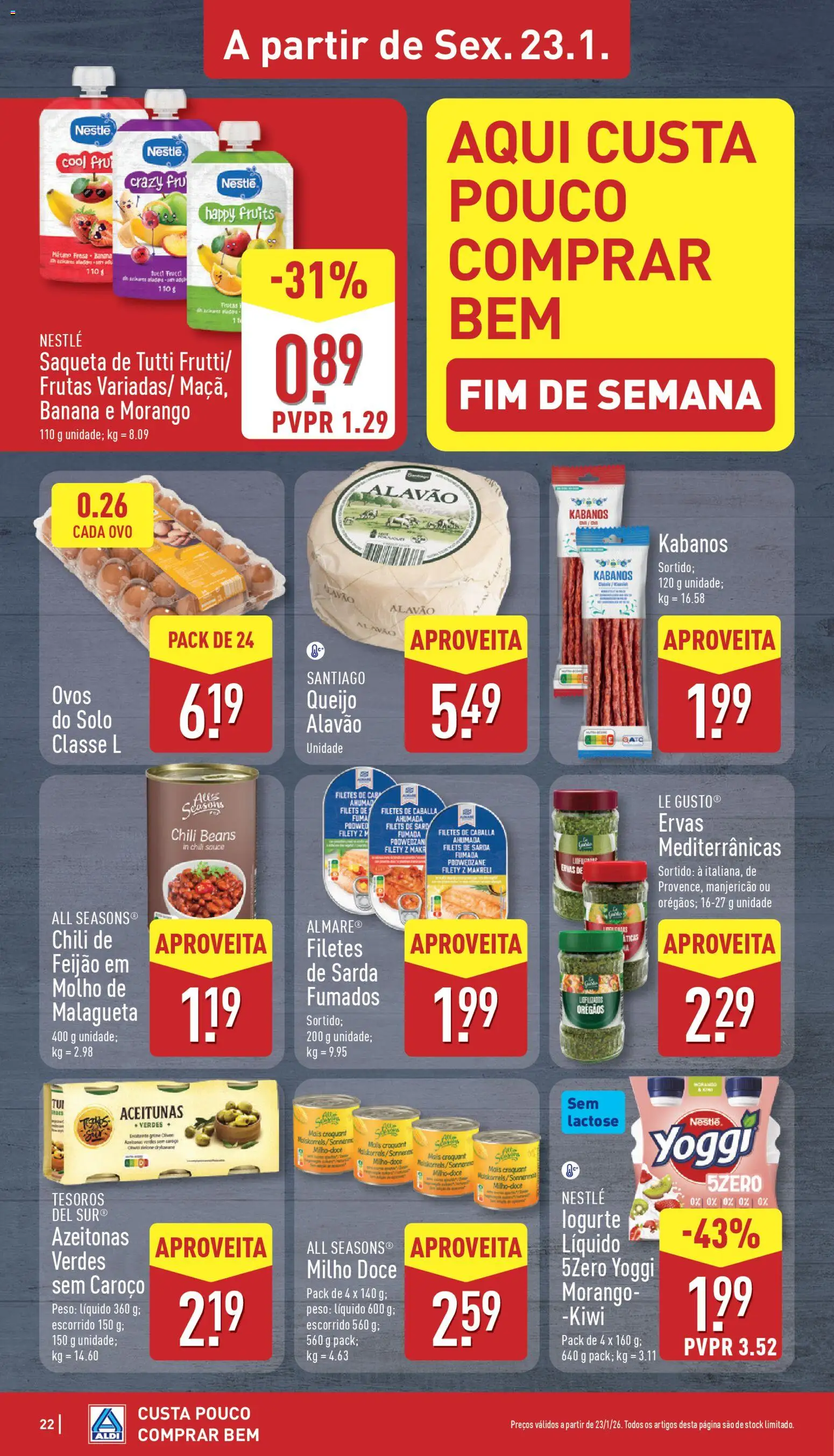 Aldi folheto │ válido de 19.01.2026 | Página: 22 | Produtos: Orégãos, Azeitonas, Ovos, Milho