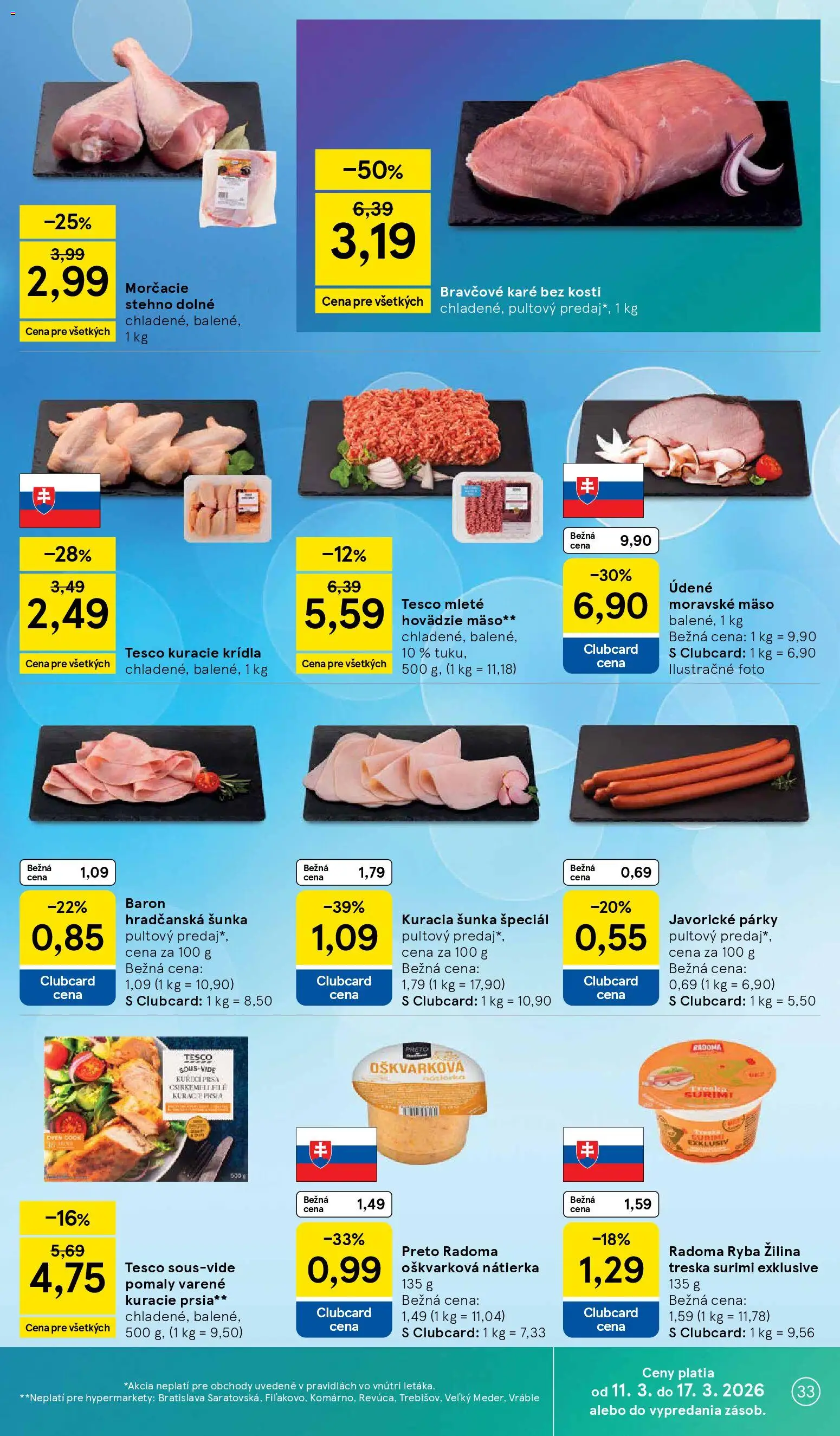 Nové Tesco akcie – leták je platný od 11.03.2026 | Strana: 33 | Produkty: Kuracie prsia, Ryba, Párky, Bravčové karé