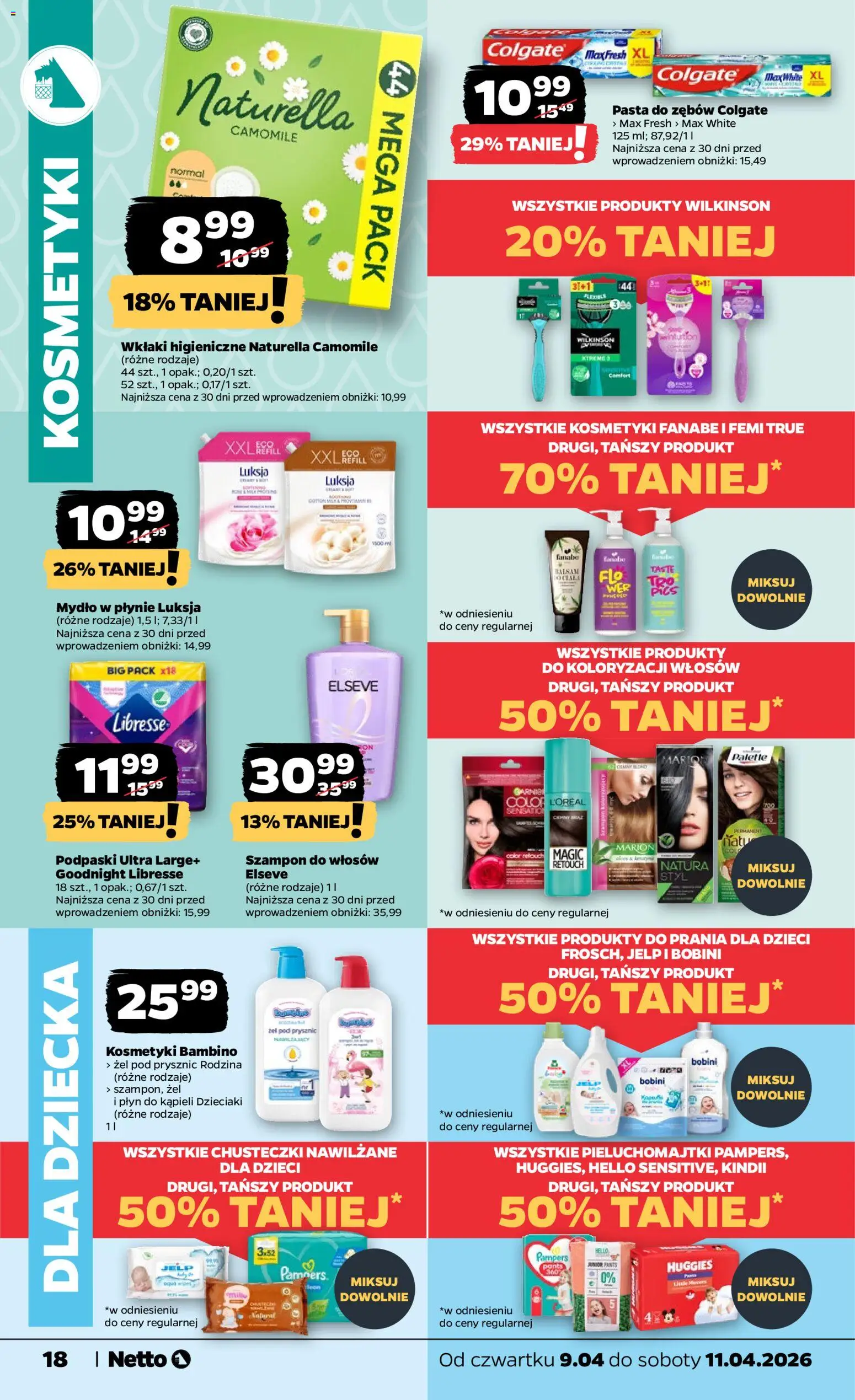 Netto gazetka od czwartku spożywcza od 09.04.2026 | Strona: 18 | Produkty: Mydło w płynie, Pieluchomajtki, Płyn do kąpieli, Mydło