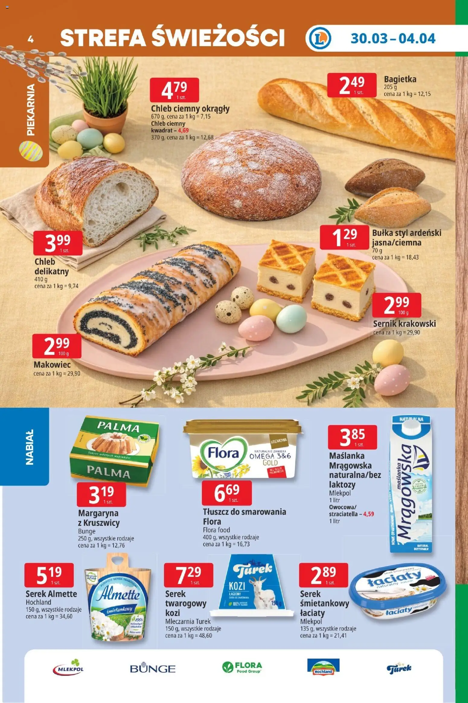 E.Leclerc gazetka - Wrocław od 30.03.2026 | Strona: 4 | Produkty: Maślanka, Serek, Bagietka, Margaryna