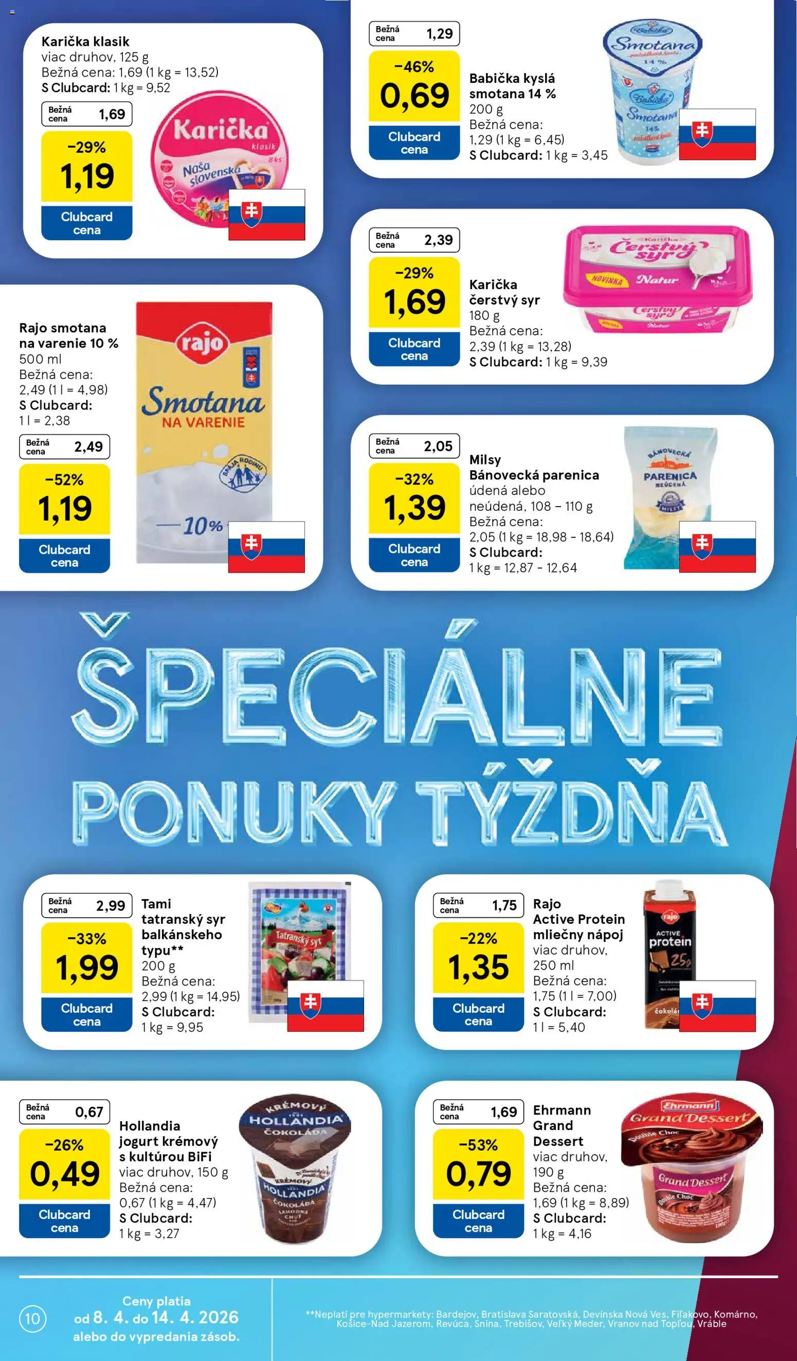 Nové Tesco akcie – leták je platný od 08.04.2026 | Strana: 10 | Produkty: Syr, Jogurt, Smotana, Čokoláda
