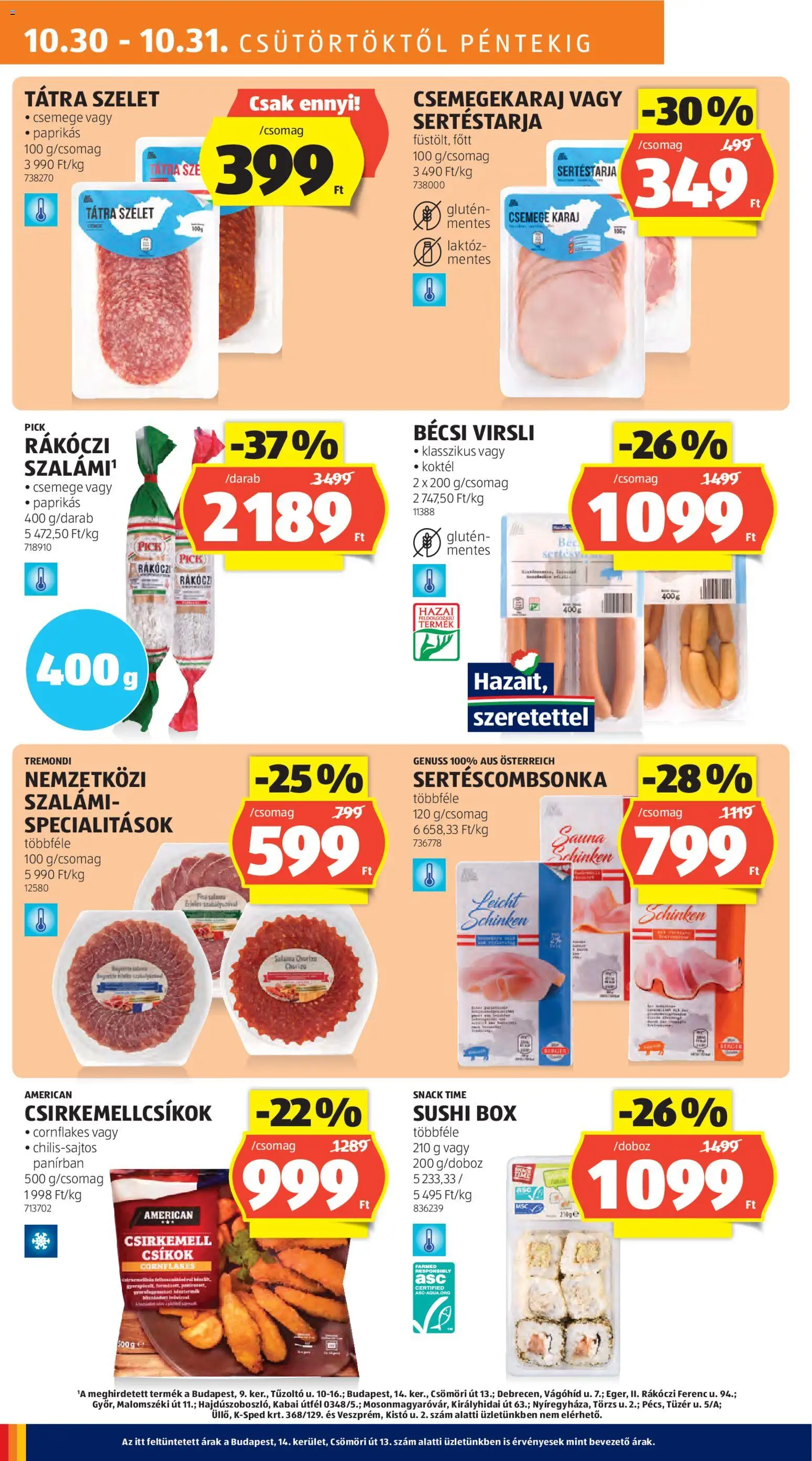 Aldi akciós ujság - amely érvényes a következő dátumtól: 30.10.2025 | Oldal: 10 | Termékek: Virsli, Pick, Szalámi, Csirkemell