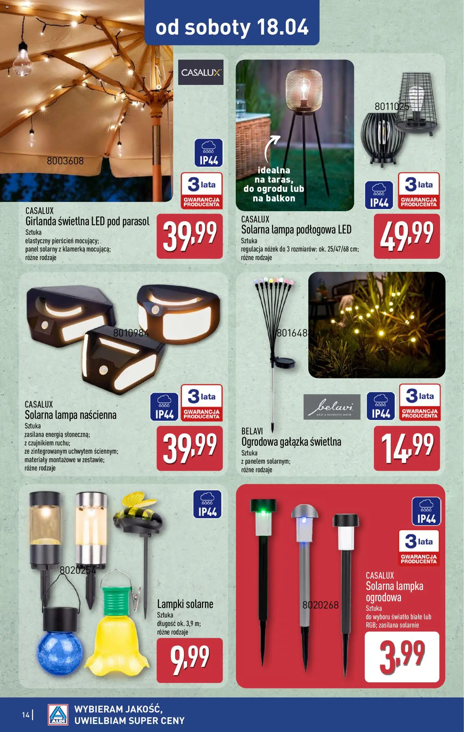Aldi gazetka - Artykuły przemysłowe i tekstylia od 15.04.2026 | Strona: 14 | Produkty: Parasol, Lampki, Lampa