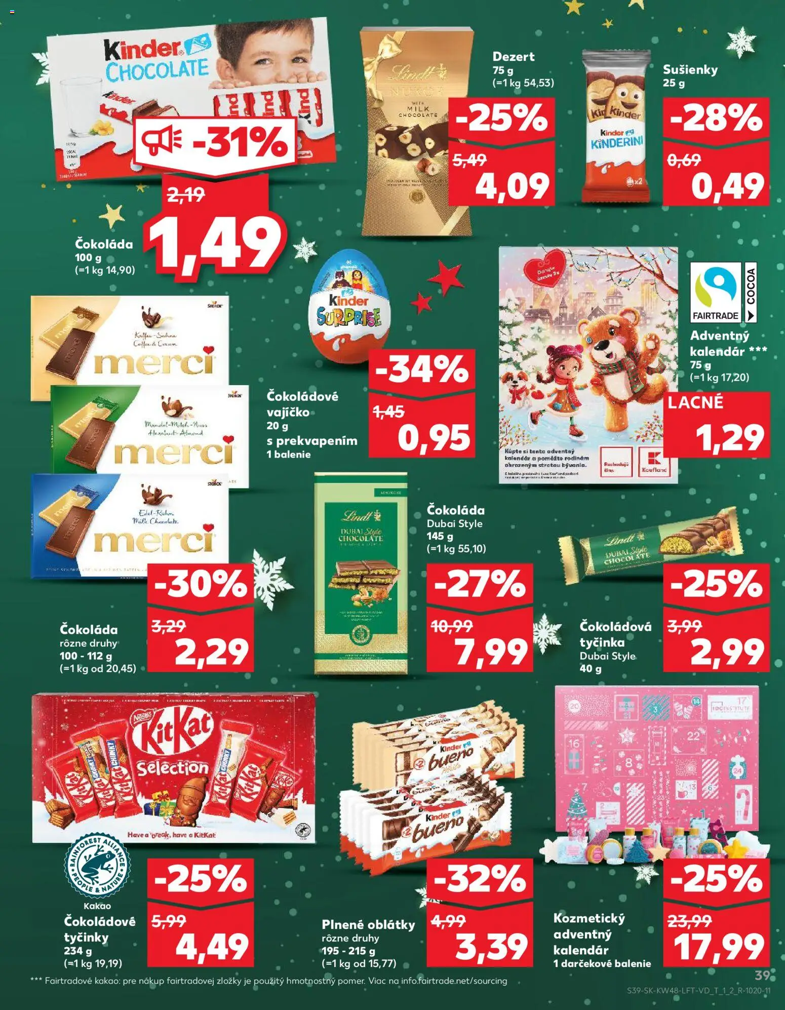 Nové Kaufland akcie – leták je platný od 27.11.2025 | Strana: 39 | Produkty: Lindt, Merci, Kinder Surprise, Čokoláda