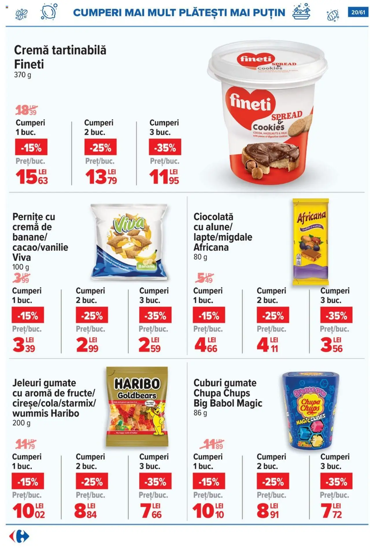 Catalog Carrefour – valabil de la 20.08.2025 | Pagină: 21 | Produse: Ciocolată, Banane, Cremă tartinabilă, Jeleuri