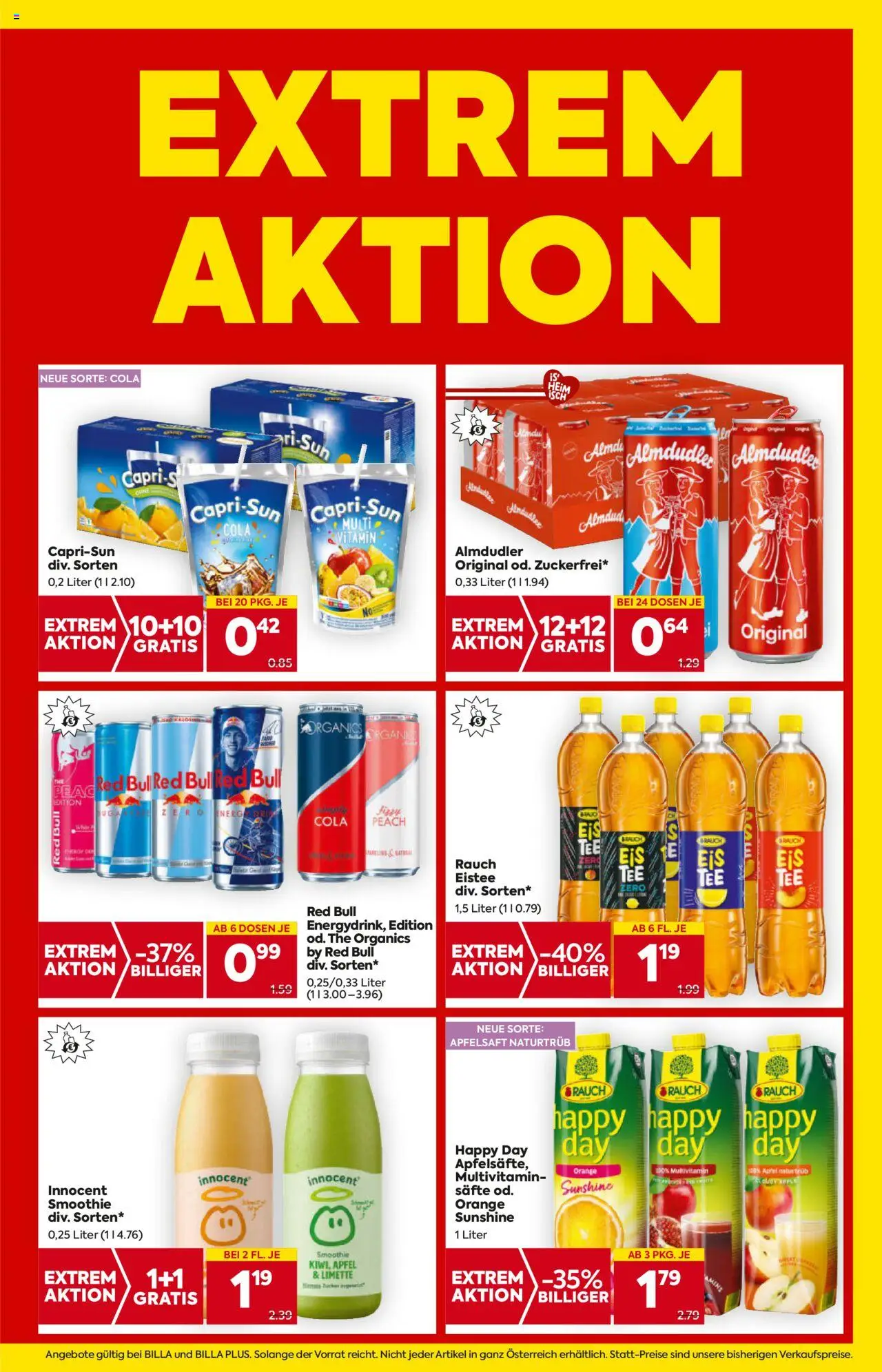 Billa AT akciós ujság - amely érvényes a következő dátumtól: 07.08.2025 | Oldal: 3 | Termékek: Red bull, Cola, Multivitamin, Smoothie