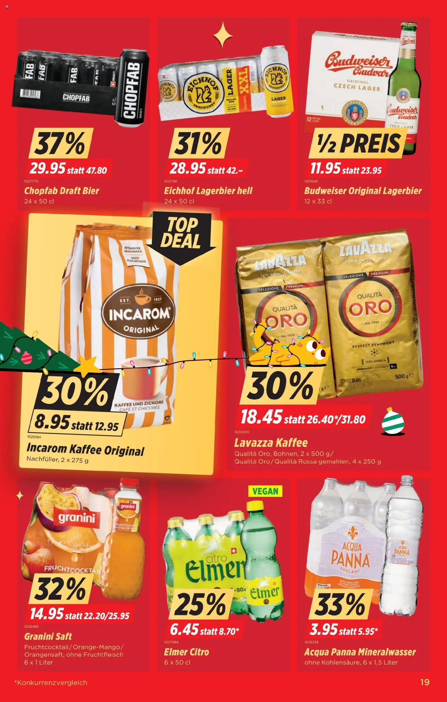 Denner Aktionen – gültig ab 09.12.2025 | Seite: 19 | Produkte: Mineralwasser, Kaffee, Saft, Bier