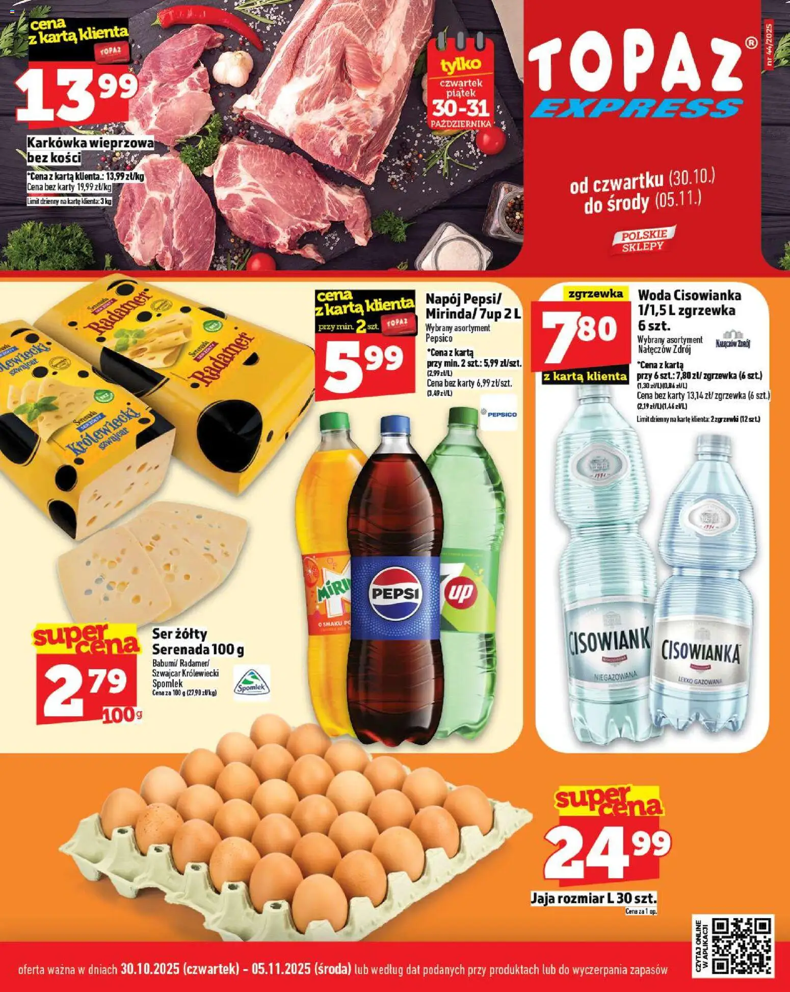 Topaz Gazetka - Express od 30.10.2025 | Strona: 1 | Produkty: Ser żółty, Karta, Ser, Jaja