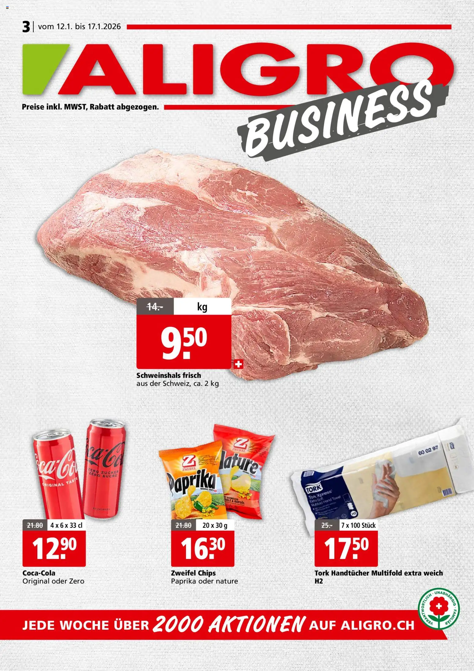 Aligro Aktionen Businesskunden - Schlieren, Gossau SG, Frauenfeld, Rapperswil-Jona, Sargans, Bern, Brüttisellen, Pratteln, Emmen, Spreitenbach – gültig ab 12.01.2026 | Seite: 1 | Produkte: Rapsöl, Chips, Salz, Zucker